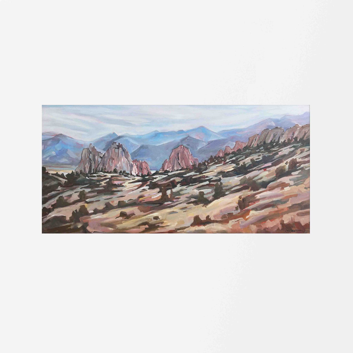 Painting of a mountain landscape with rocky formations and a clear sky.