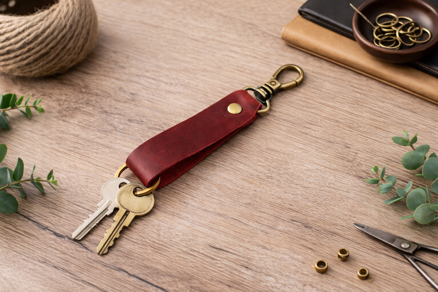 American Leather Goods - Genuine Leather Keychain, Keychain RIng, Handmade Key Tag: Light Brown