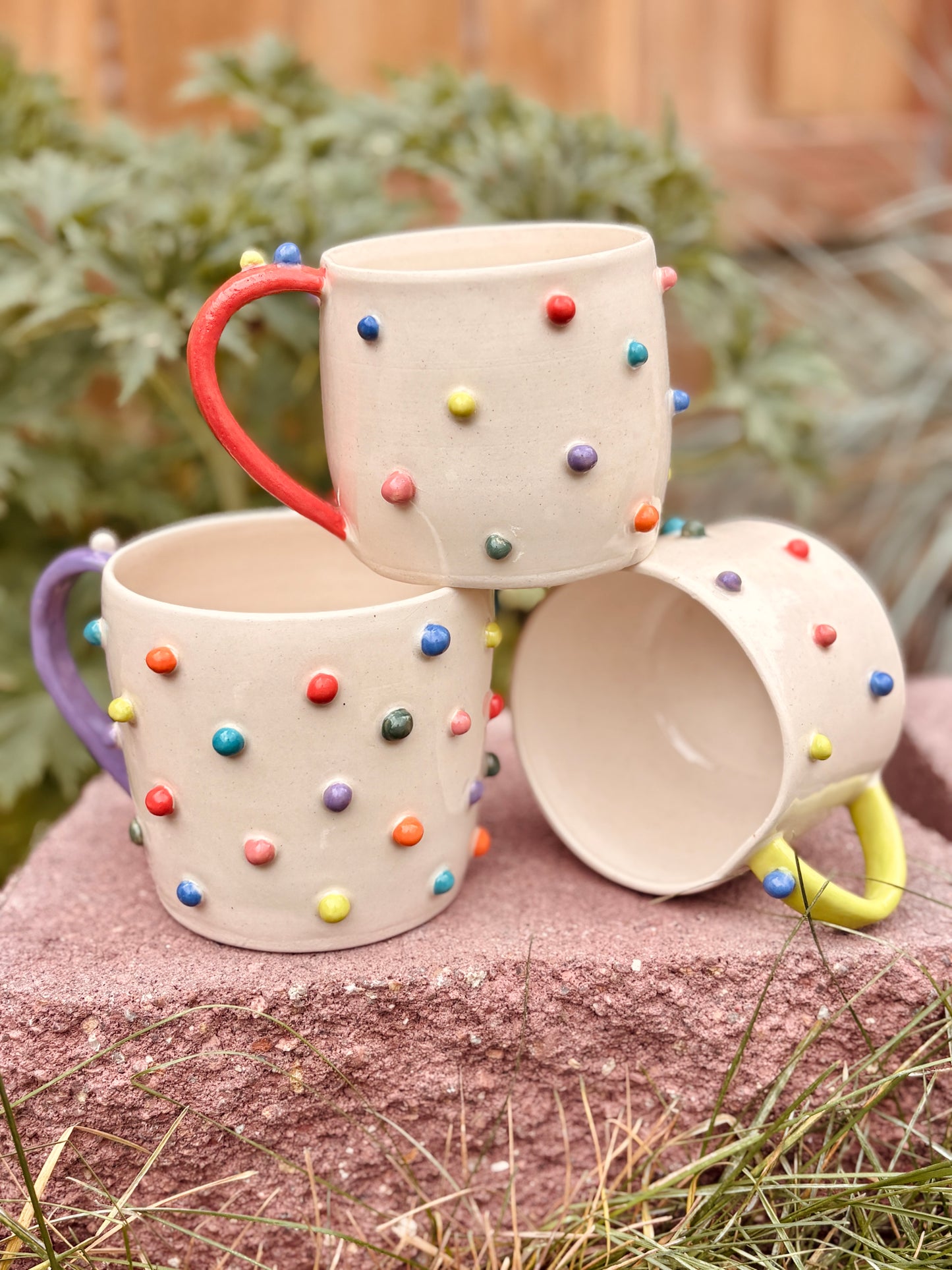Toots Ceramics - 12 oz Porcelain Dots Mug (Teal/Orange Handle)