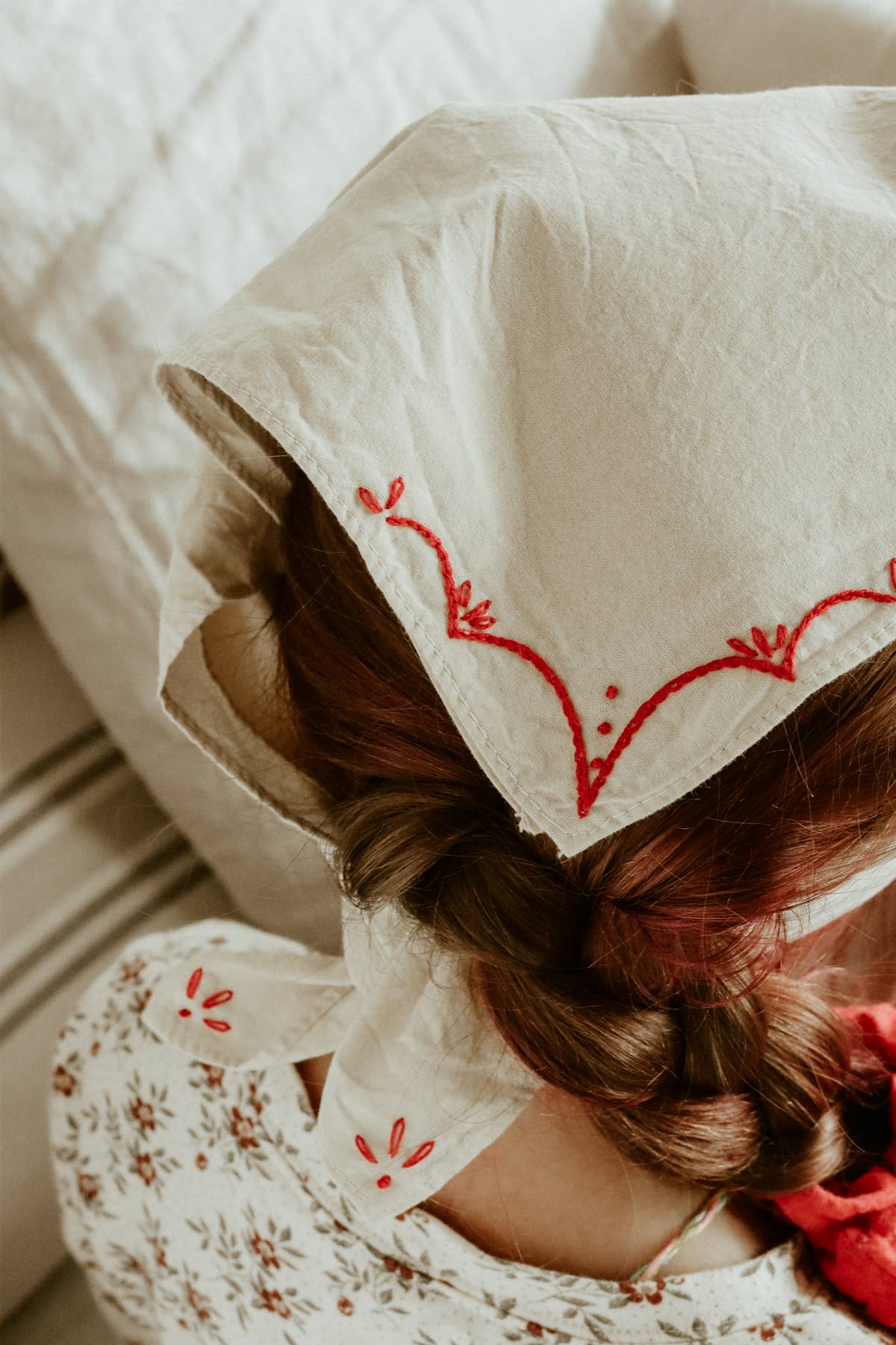 Eloise et moi - Hand embroidered RODEO cotton bandana, hand dyed : Sky/mustard thread