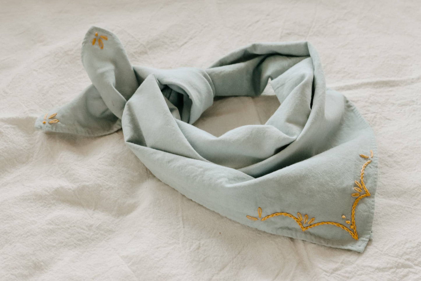 Eloise et moi - Hand embroidered RODEO cotton bandana, hand dyed : Sky/mustard thread