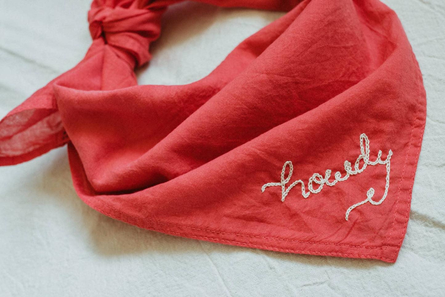 Eloise et moi - Hand embroidered Howdy organic cotton bandana- hand dyed: Strawberry red
