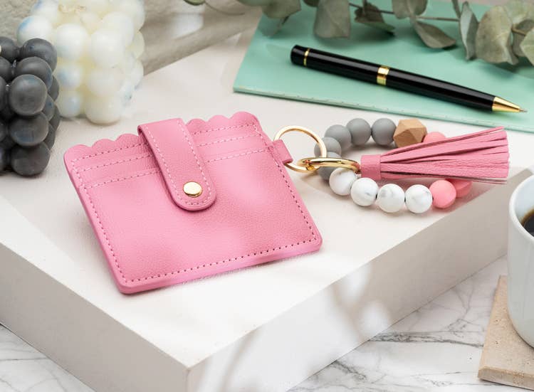 American Leather Goods - Leather Keychain Wallet With Wristlet Bangle Bracelet: Pink