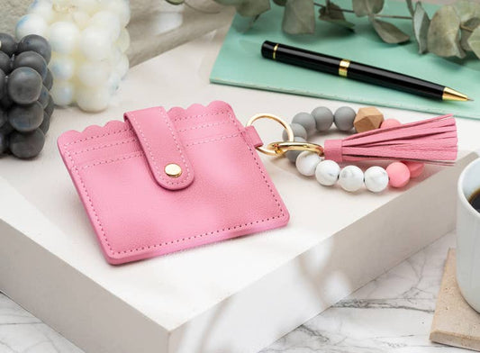 American Leather Goods - Leather Keychain Wallet With Wristlet Bangle Bracelet: Pink