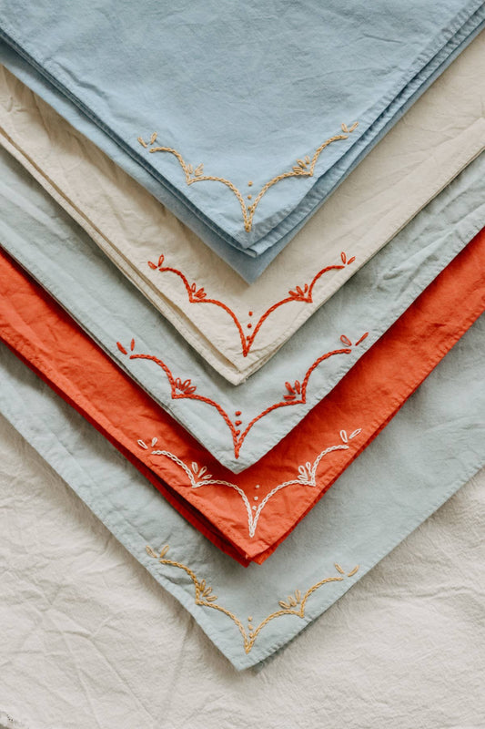 Eloise et moi - Hand embroidered RODEO cotton bandana, hand dyed : Sky/mustard thread