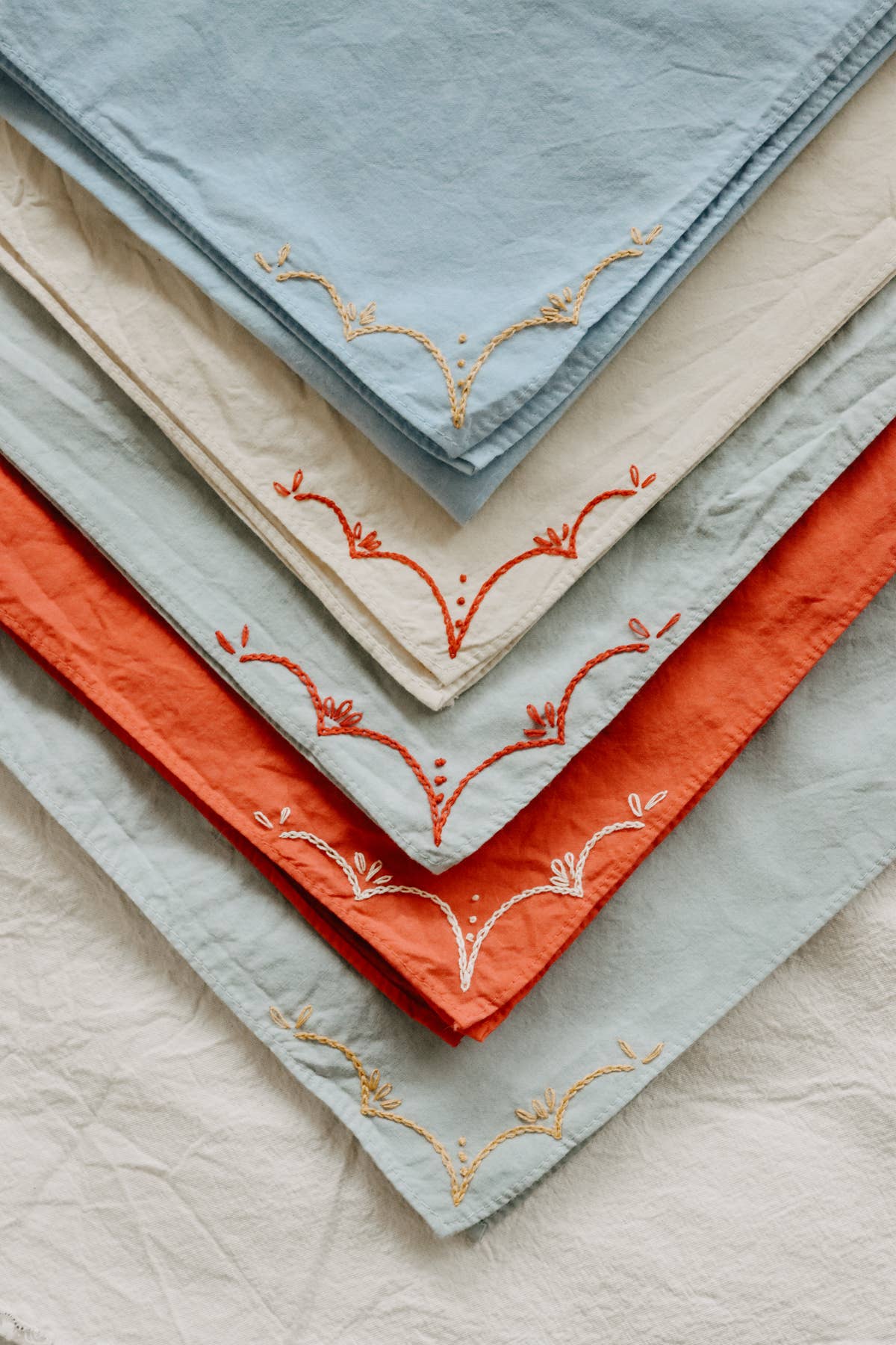 Eloise et moi - Hand embroidered RODEO cotton bandana, hand dyed : Sky/red thread