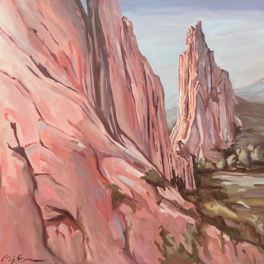 Painting of a Garden of the Gods with large rock formations.