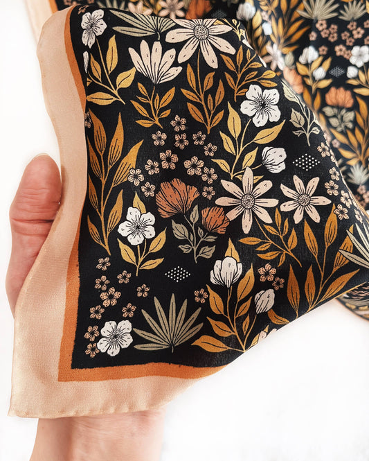 Flora West Design - 100% Silk Bandana Scarf - Midnight Garden Floral
