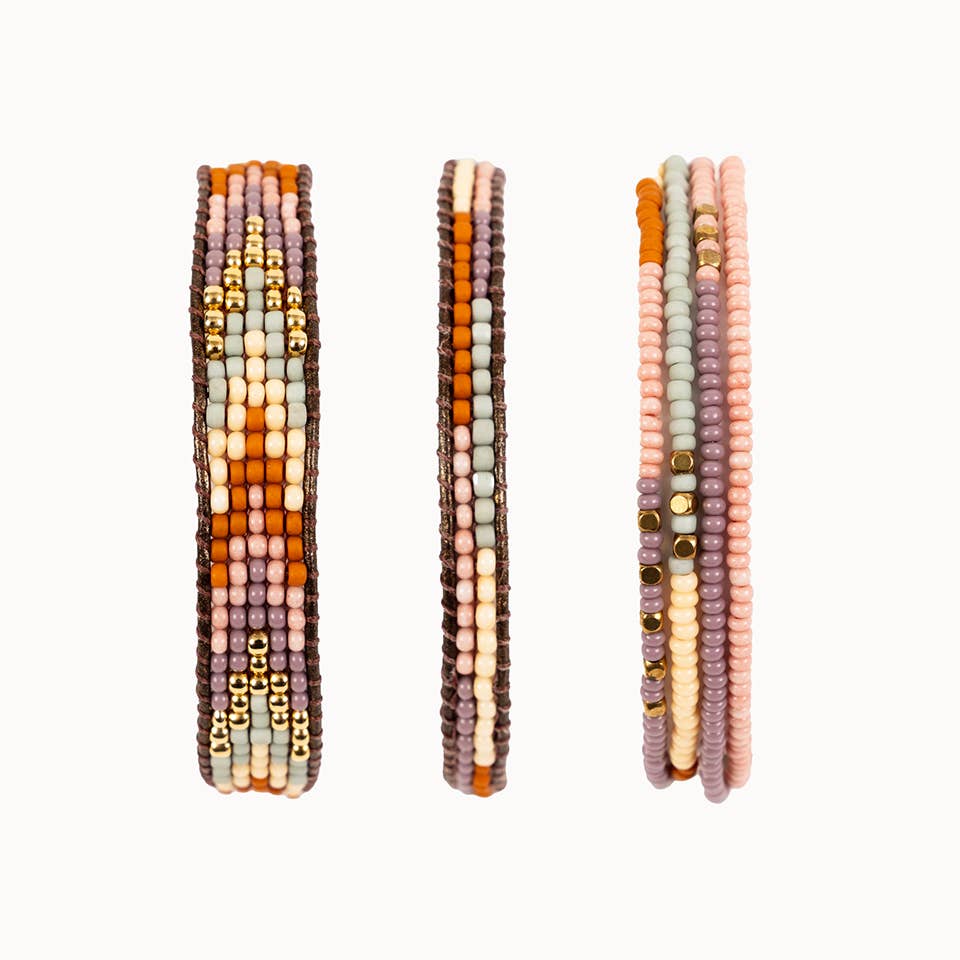 Altiplano - Layered Stripes Bead & Leather Bracelet: Deep Pop