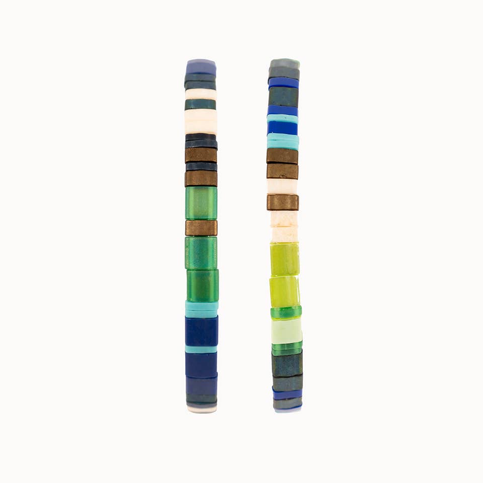 Altiplano - Handmade Tila Bead Stretch Bracelet - PAIR: Green Denim