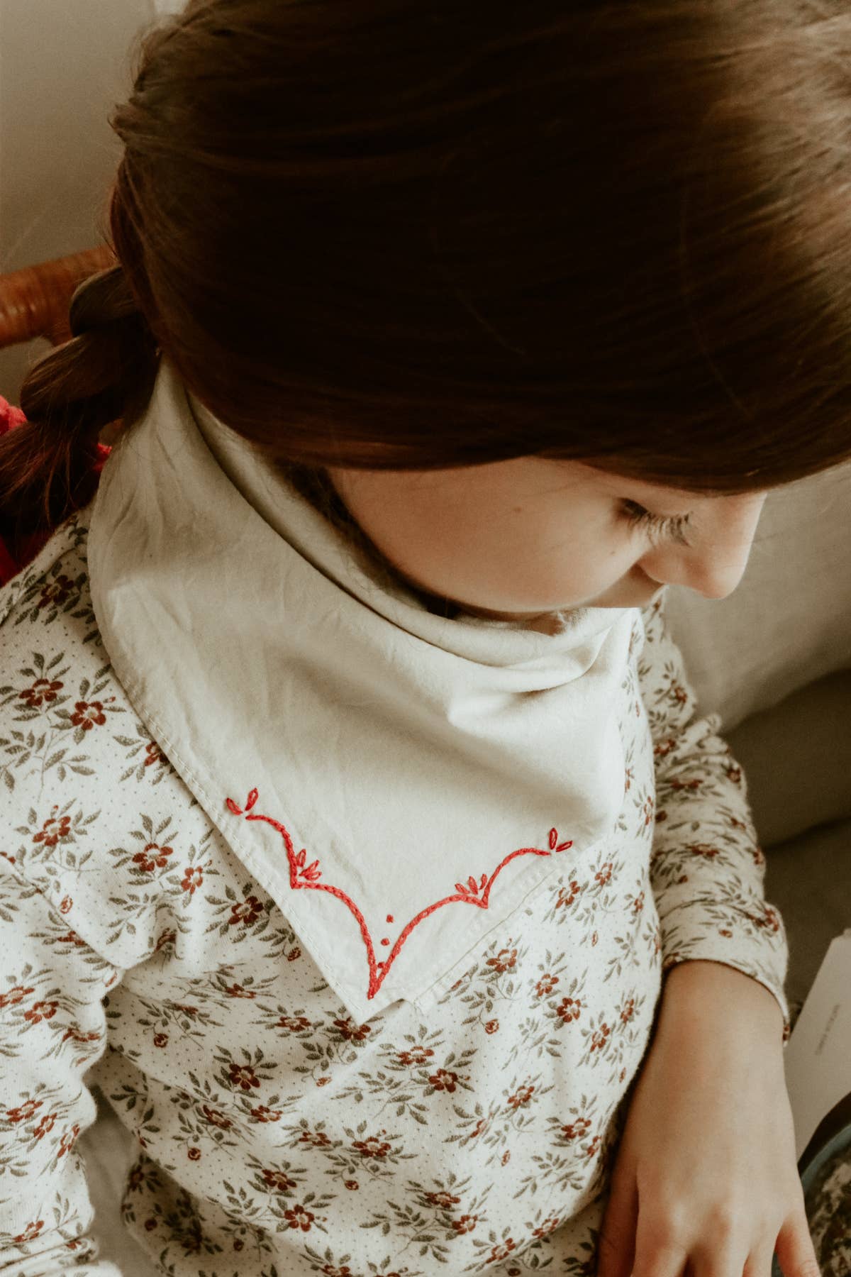 Eloise et moi - Hand embroidered RODEO cotton bandana, hand dyed : Sky/mustard thread