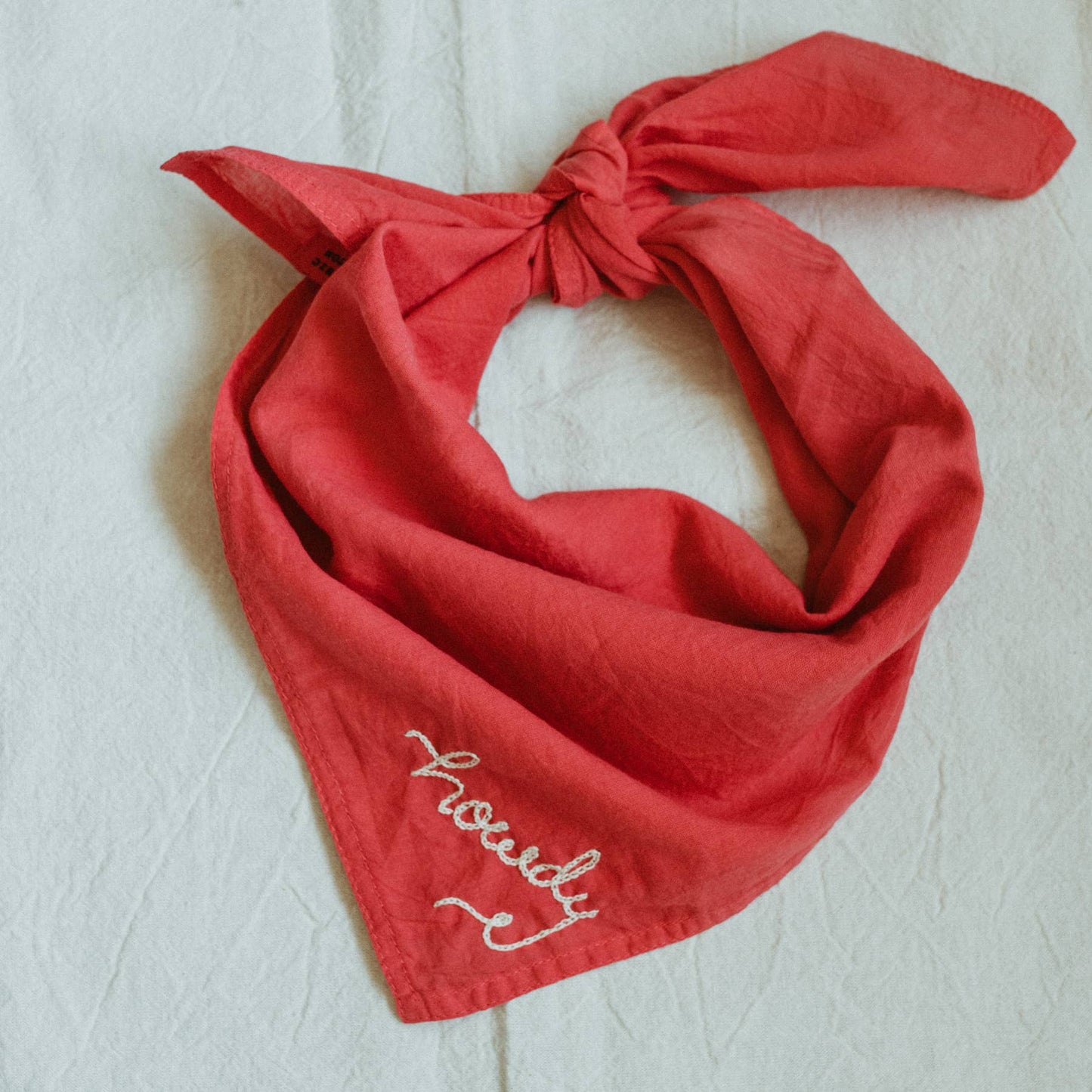 Eloise et moi - Hand embroidered Howdy organic cotton bandana- hand dyed: Strawberry red