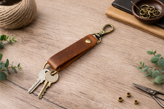 American Leather Goods - Genuine Leather Keychain, Keychain RIng, Handmade Key Tag: Light Brown