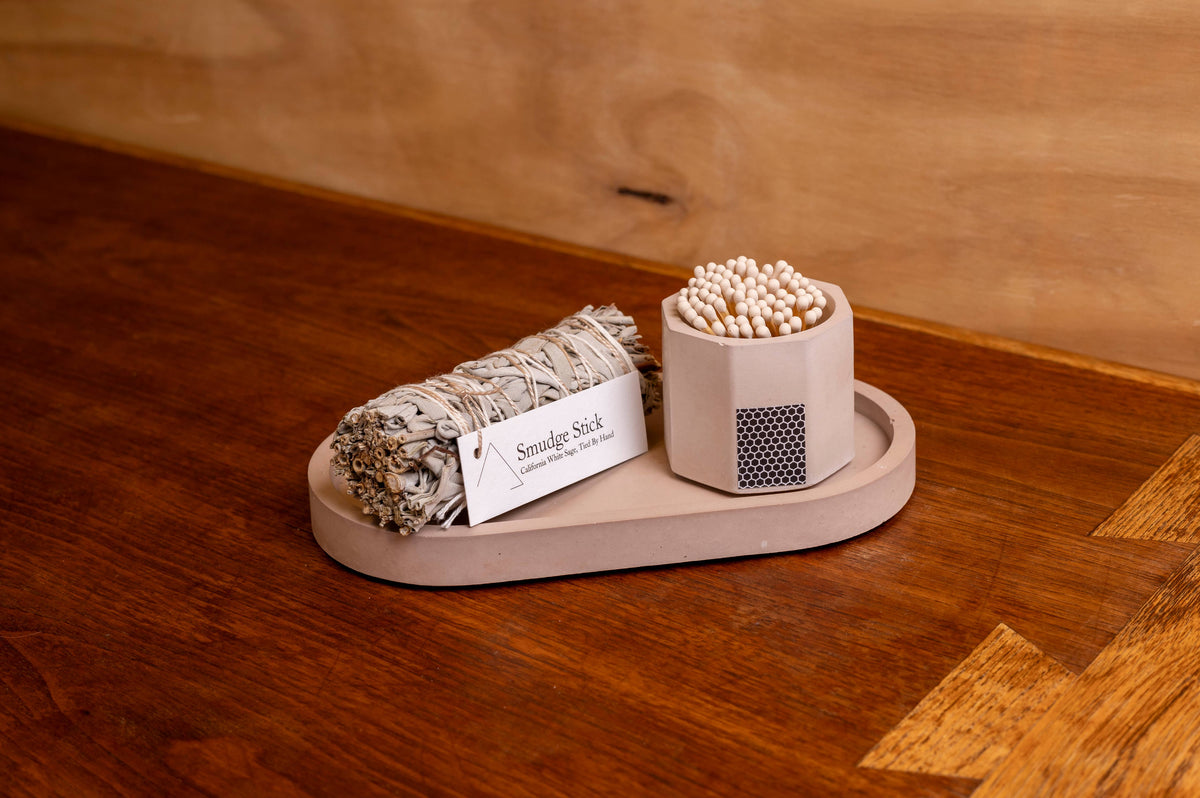 Candle Tray Gift Set – Match Holder & Palo Santo or Smudge: Palo Santo / White
