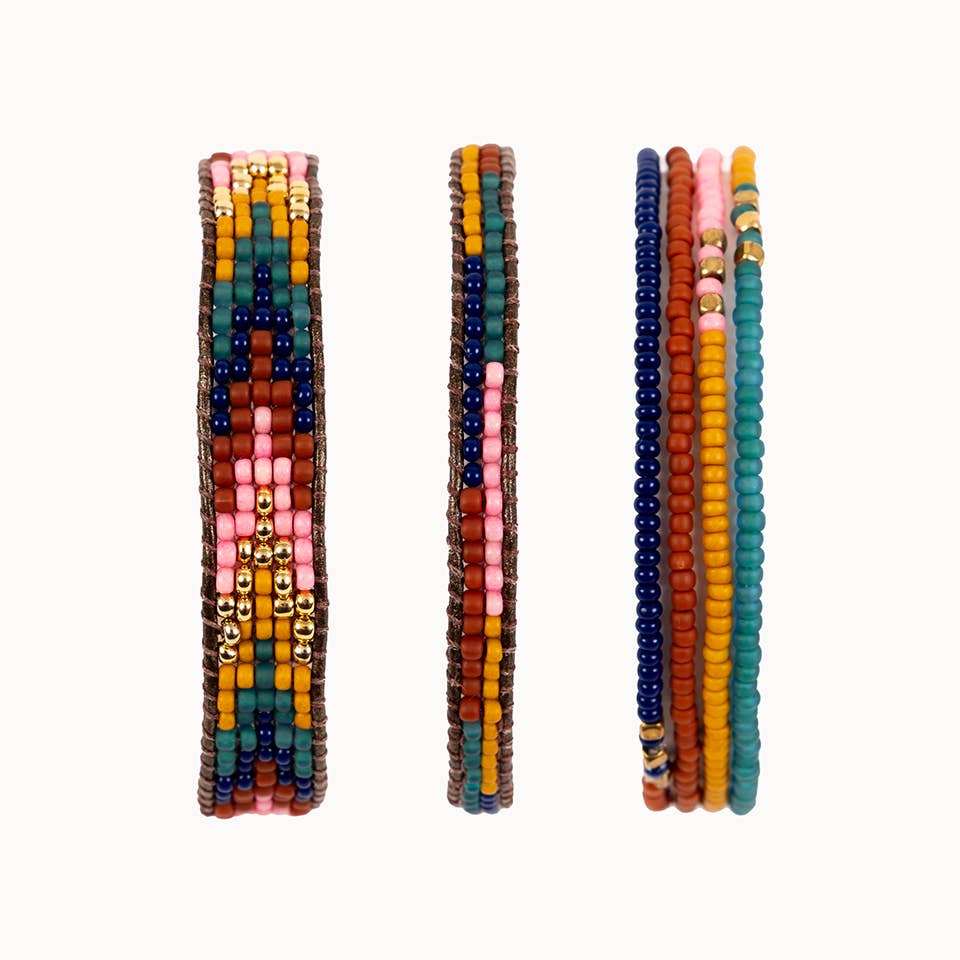 Altiplano - Layered Stripes Bead & Leather Bracelet: Retro Red