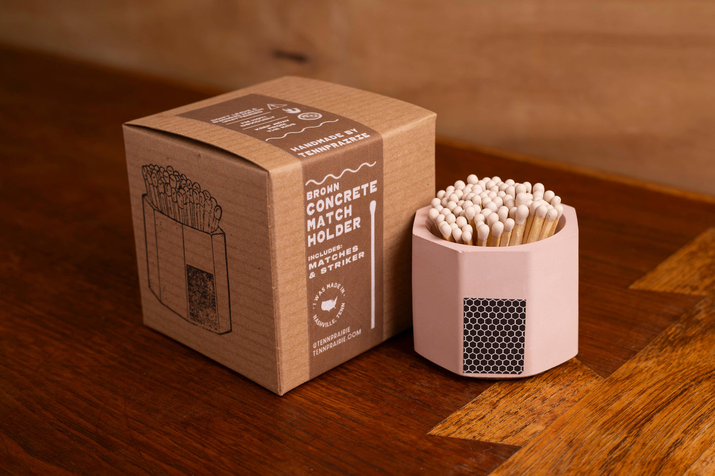 Tenn Prairie - Concrete Match Holder – Modern Design with 2-Inch Safety Matches: Grey