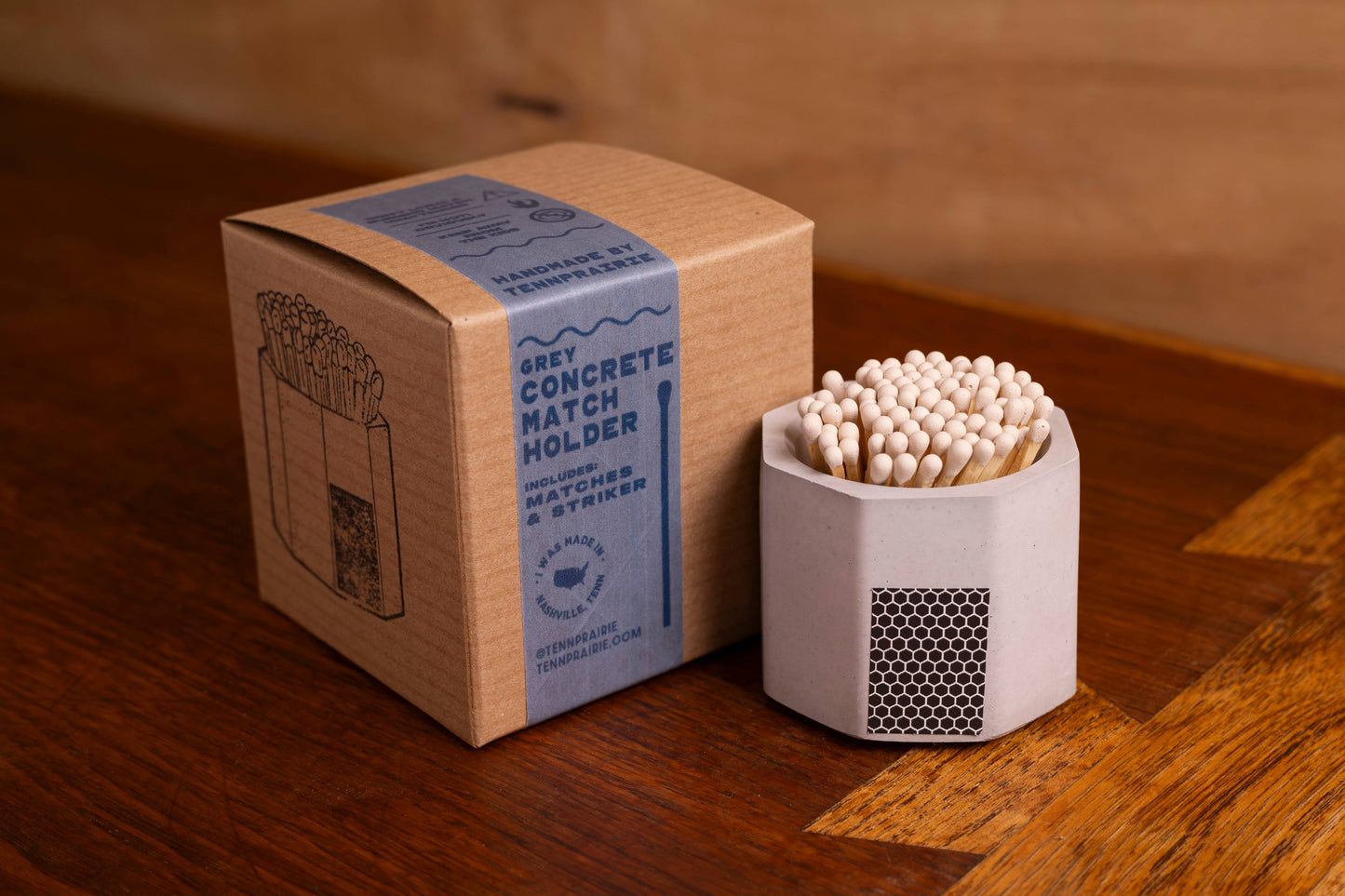 Tenn Prairie - Concrete Match Holder – Modern Design with 2-Inch Safety Matches: Grey