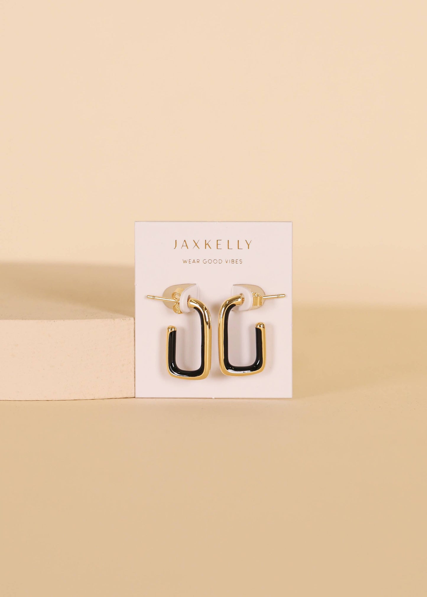JaxKelly - Black Enamel Large Rectangle Gold Hoop Earrings