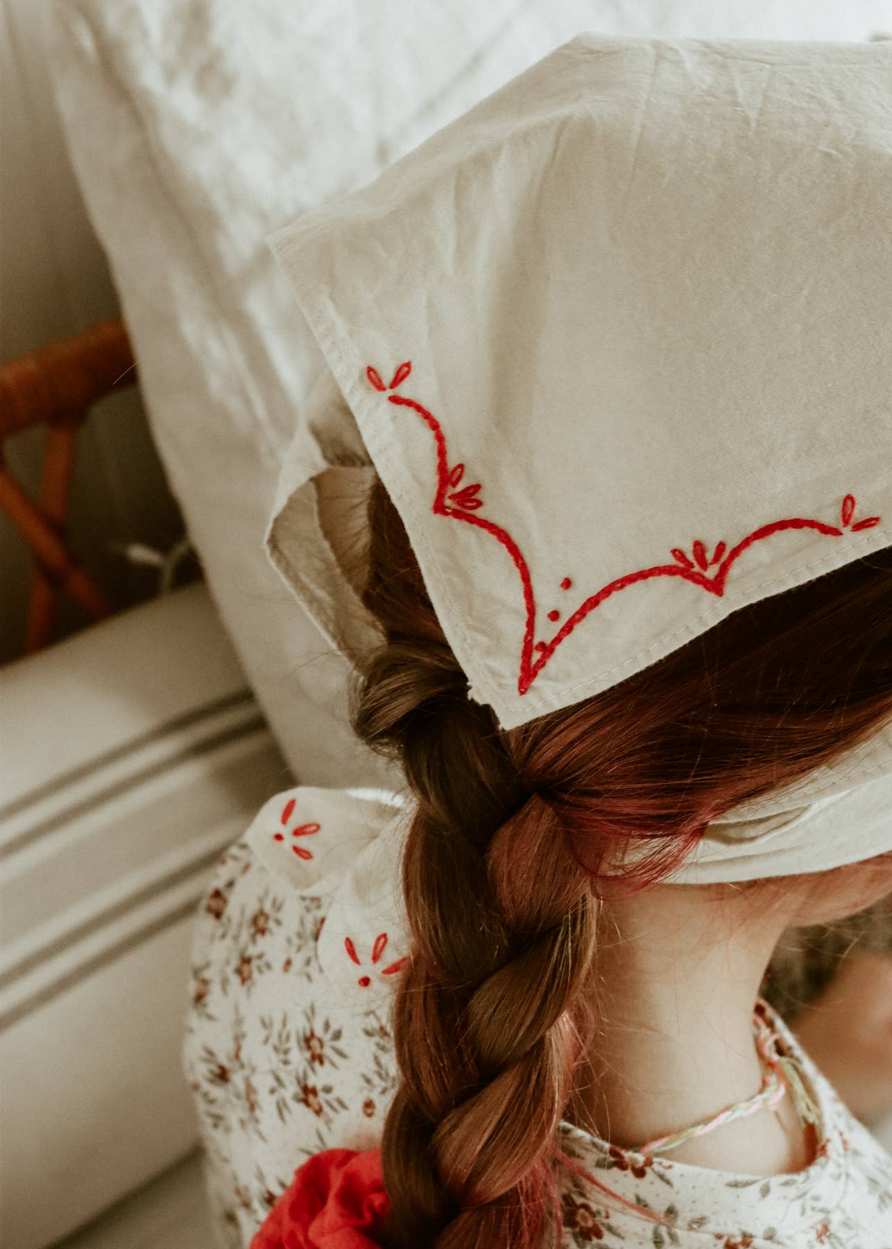 Eloise et moi - Hand embroidered RODEO cotton bandana, hand dyed : Sky/mustard thread