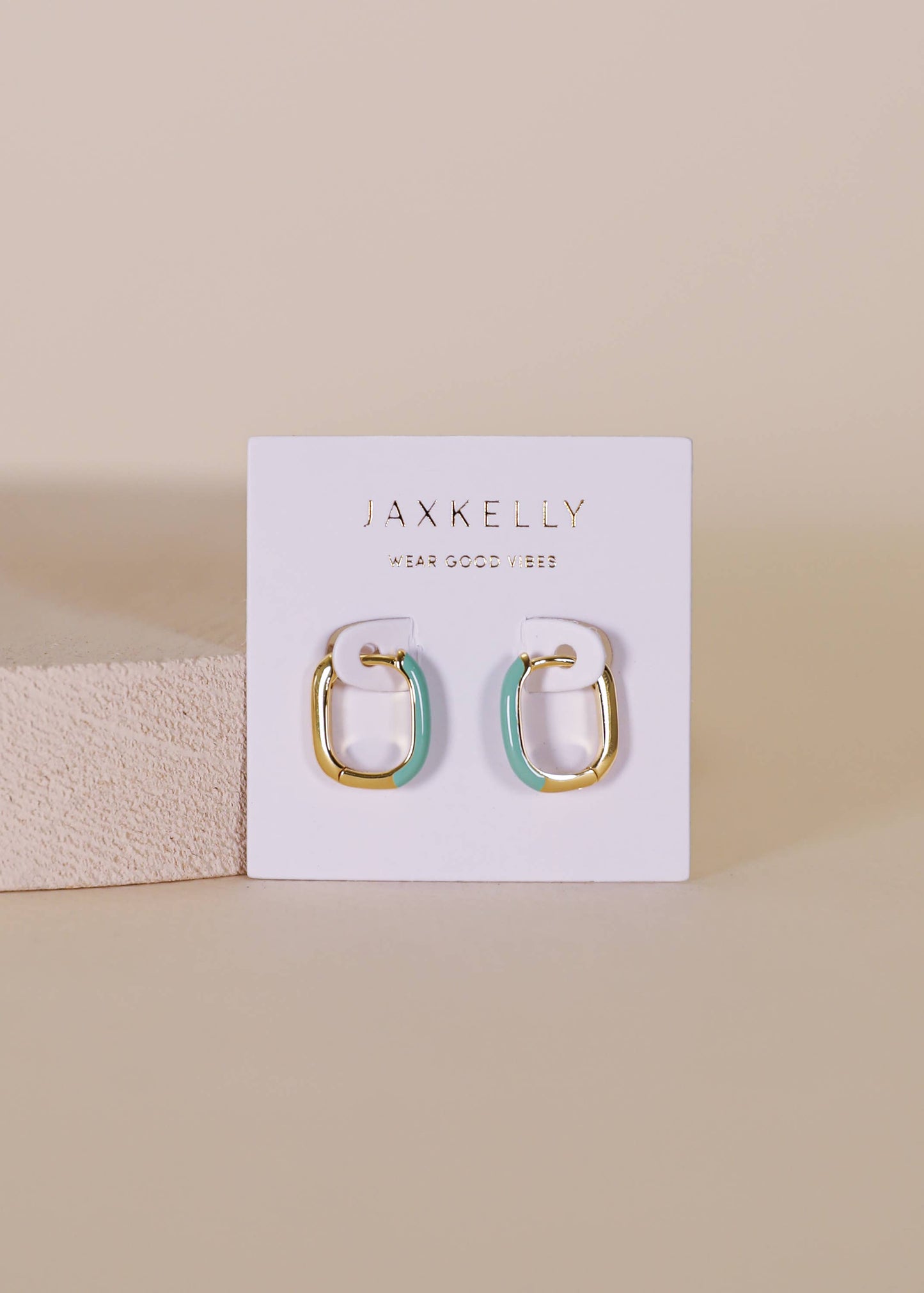 JaxKelly - Color Dipped Rectangle Hoop Earrings - Sea Green Enamel