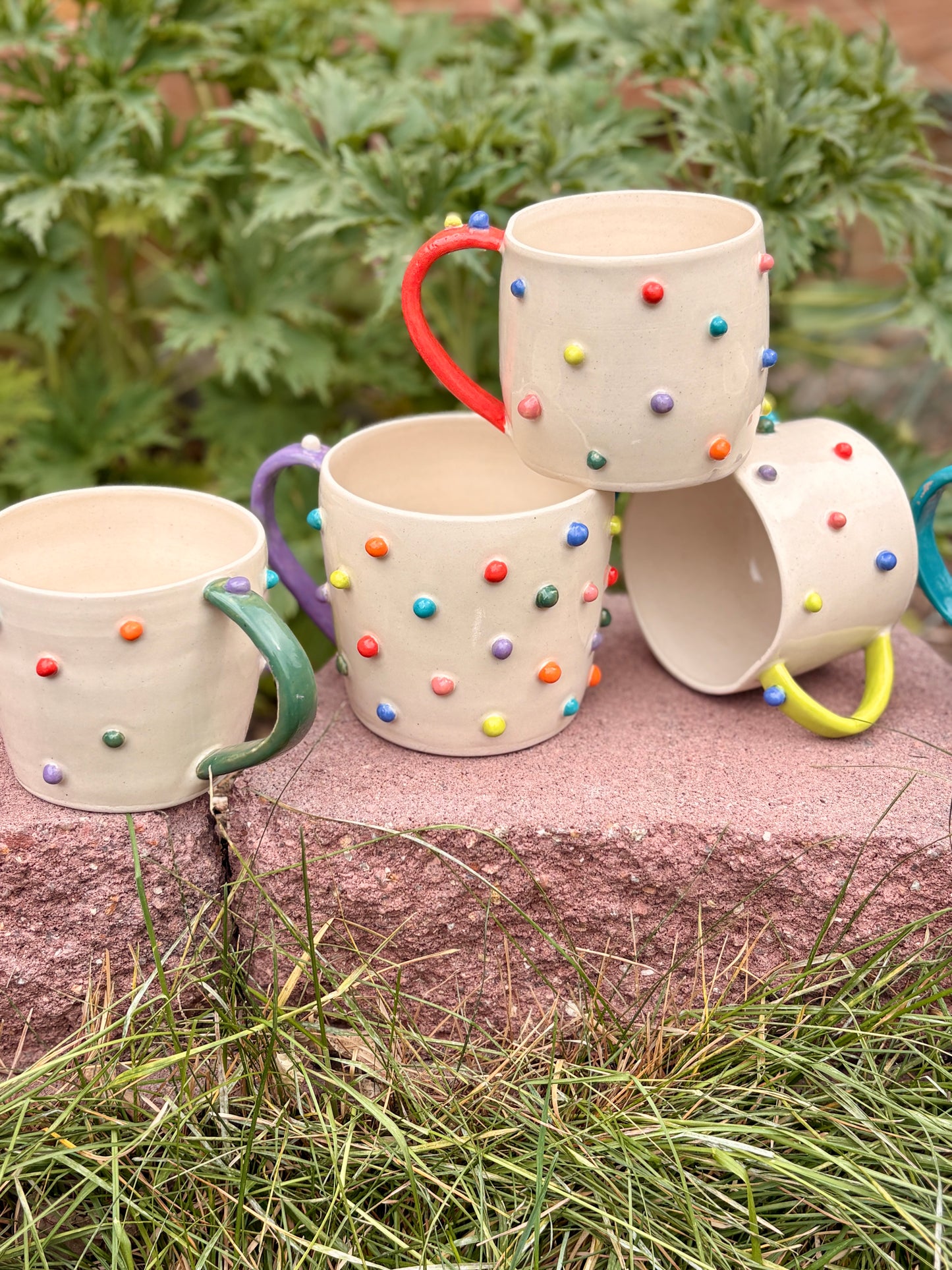 Toots Ceramics - 16 oz Porcelain Dots Mug (Purple/White Handle)