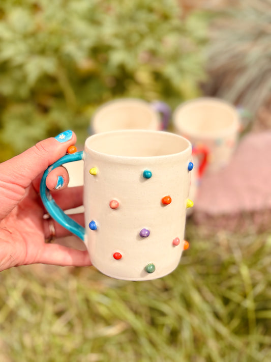 Toots Ceramics - 12 oz Porcelain Dots Mug (Teal/Orange Handle)