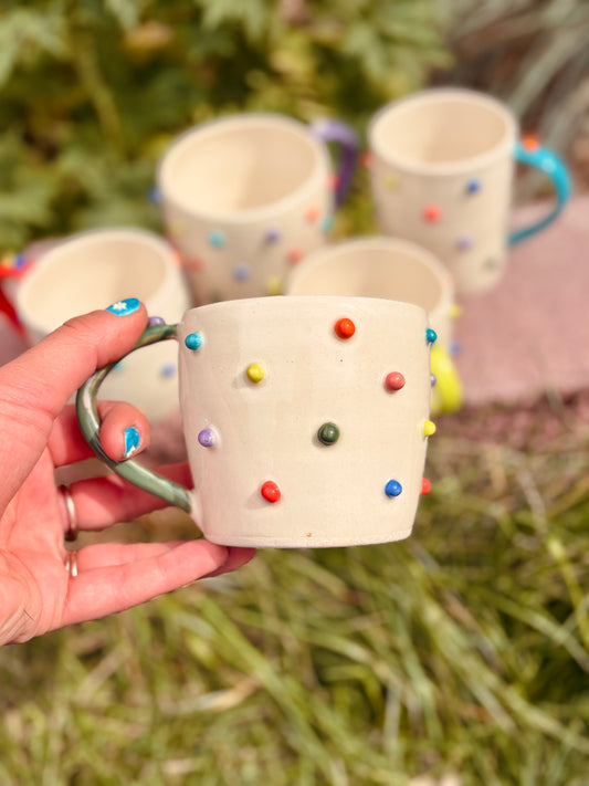 Toots Ceramics - 12 oz Porcelain Dots Mug (Green/Purple Handle)