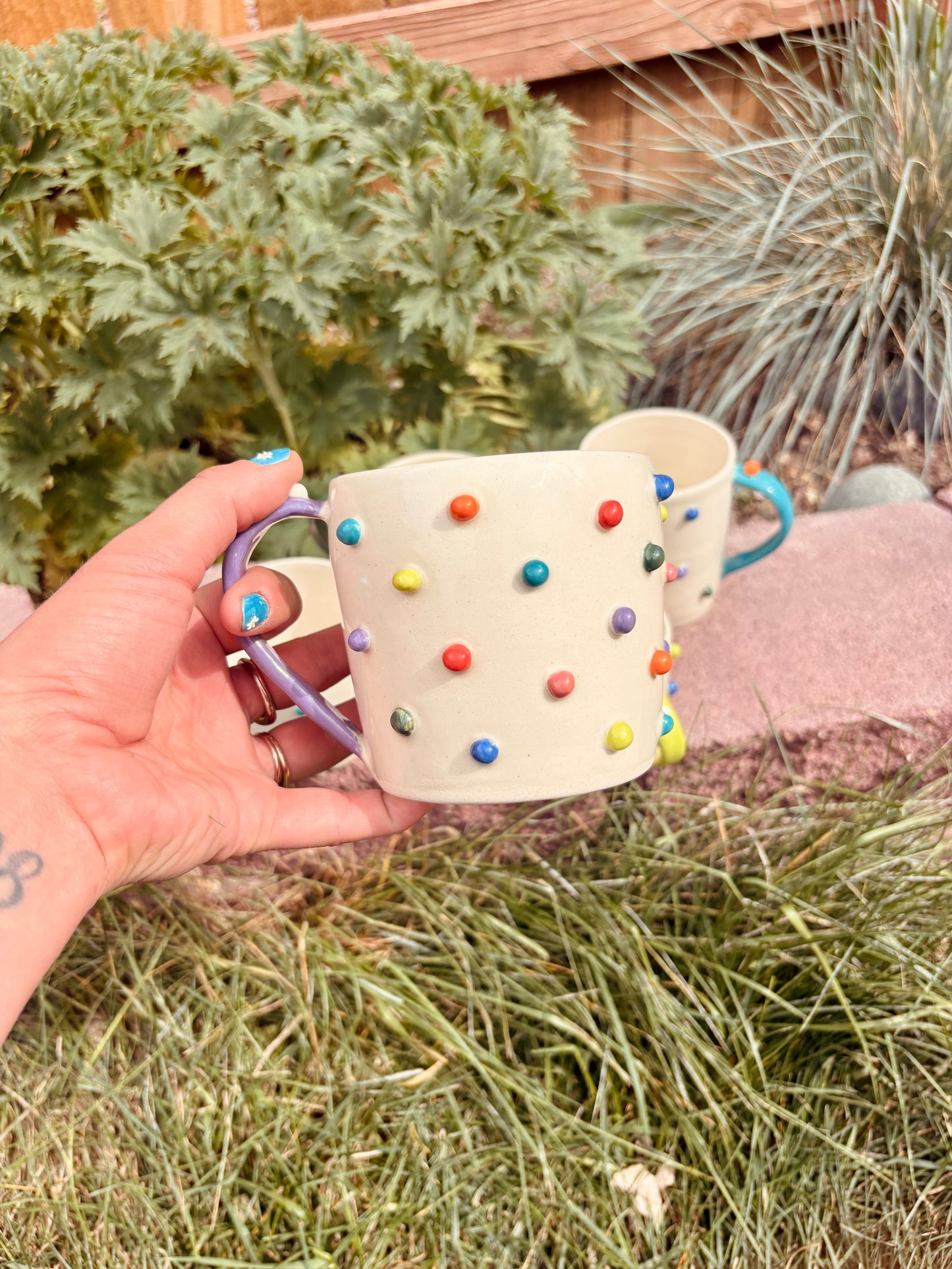 Toots Ceramics - 16 oz Porcelain Dots Mug (Purple/White Handle)
