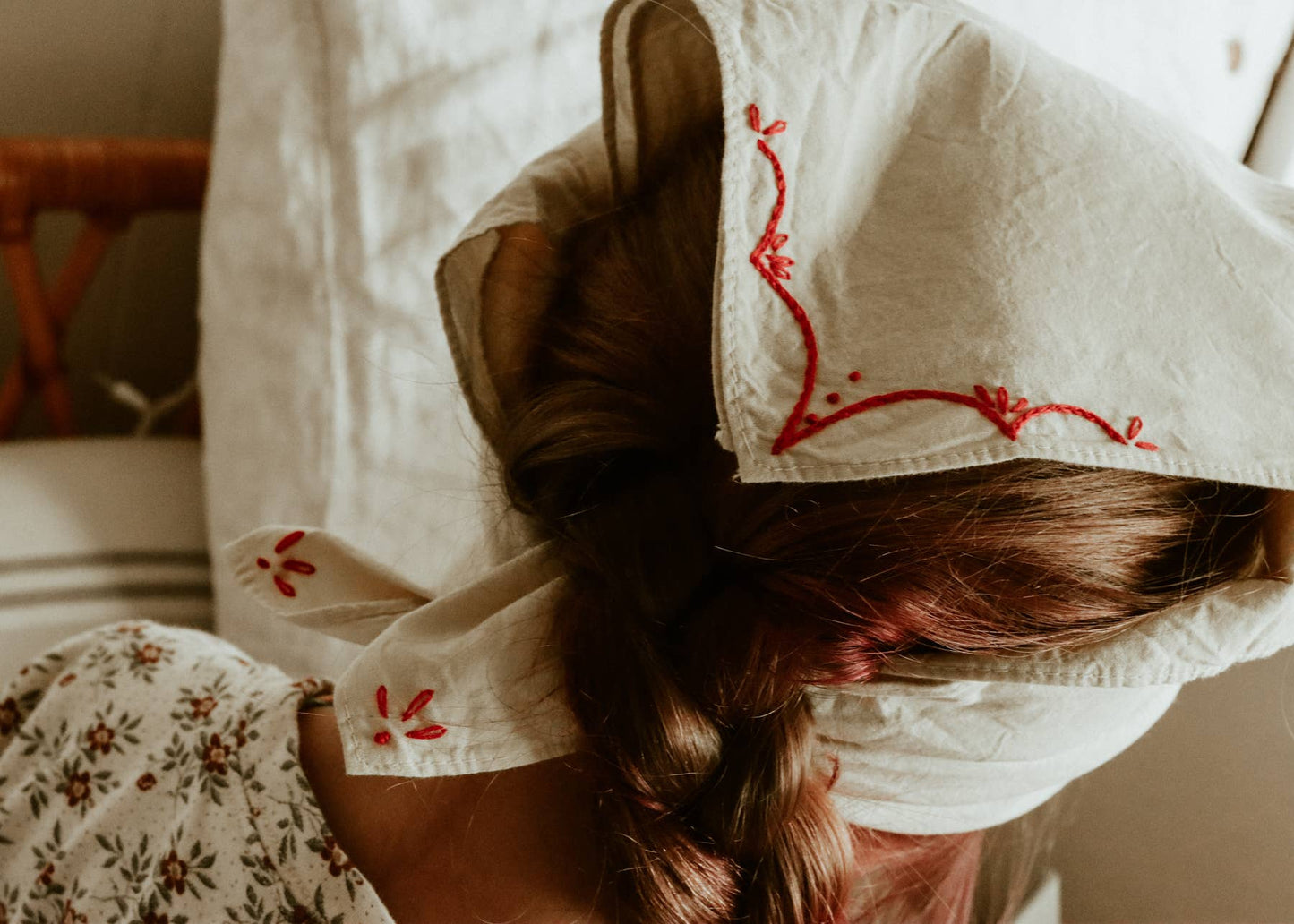 Eloise et moi - Hand embroidered RODEO cotton bandana, hand dyed : Sky/mustard thread