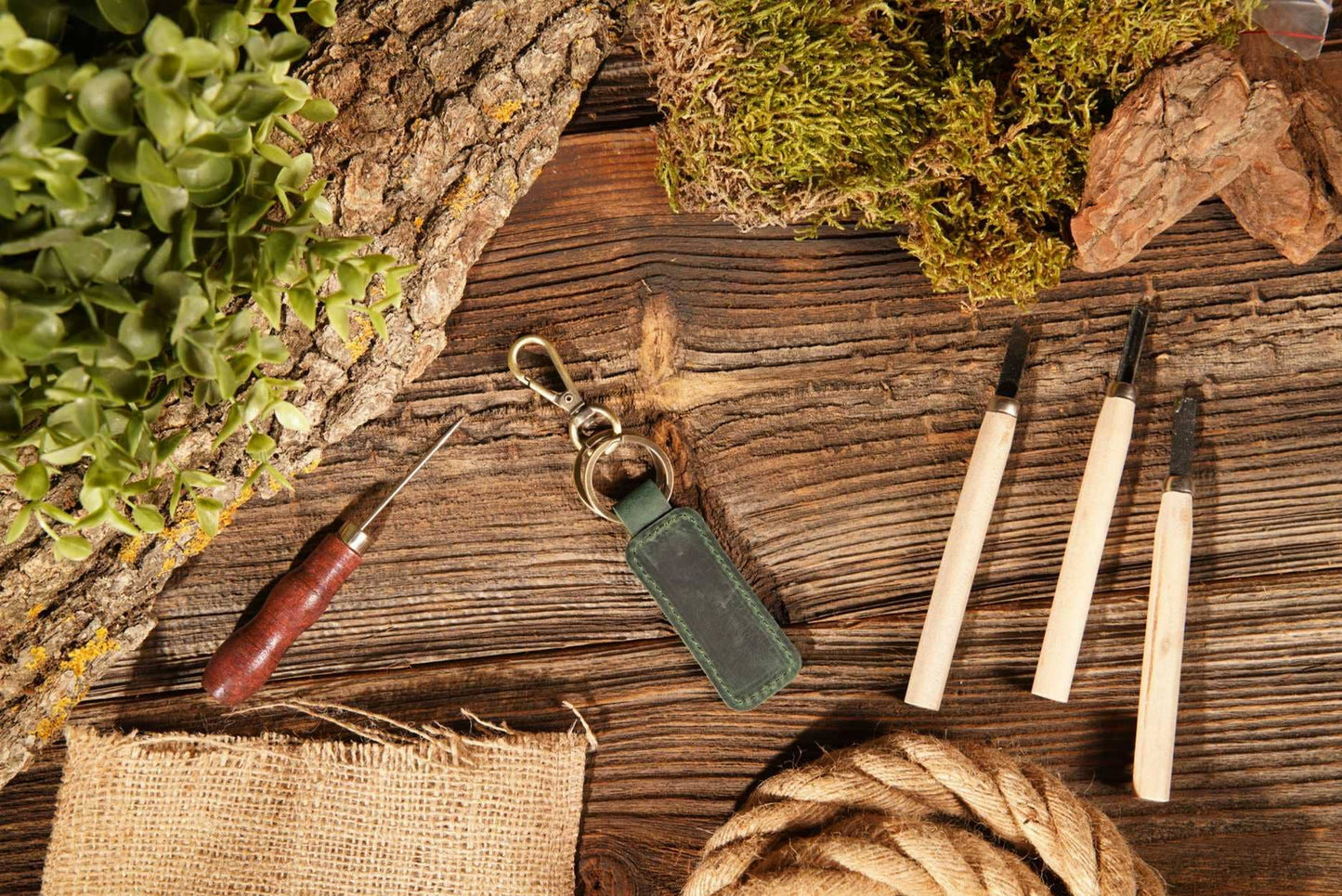 American Leather Goods - Leather Keychain, Geniune Leather Keychain: Green