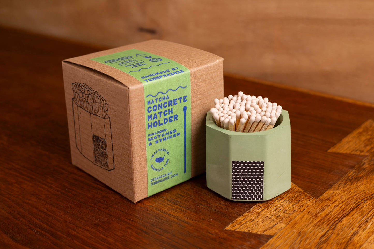 Tenn Prairie - Concrete Match Holder – Modern Design with 2-Inch Safety Matches: Matcha