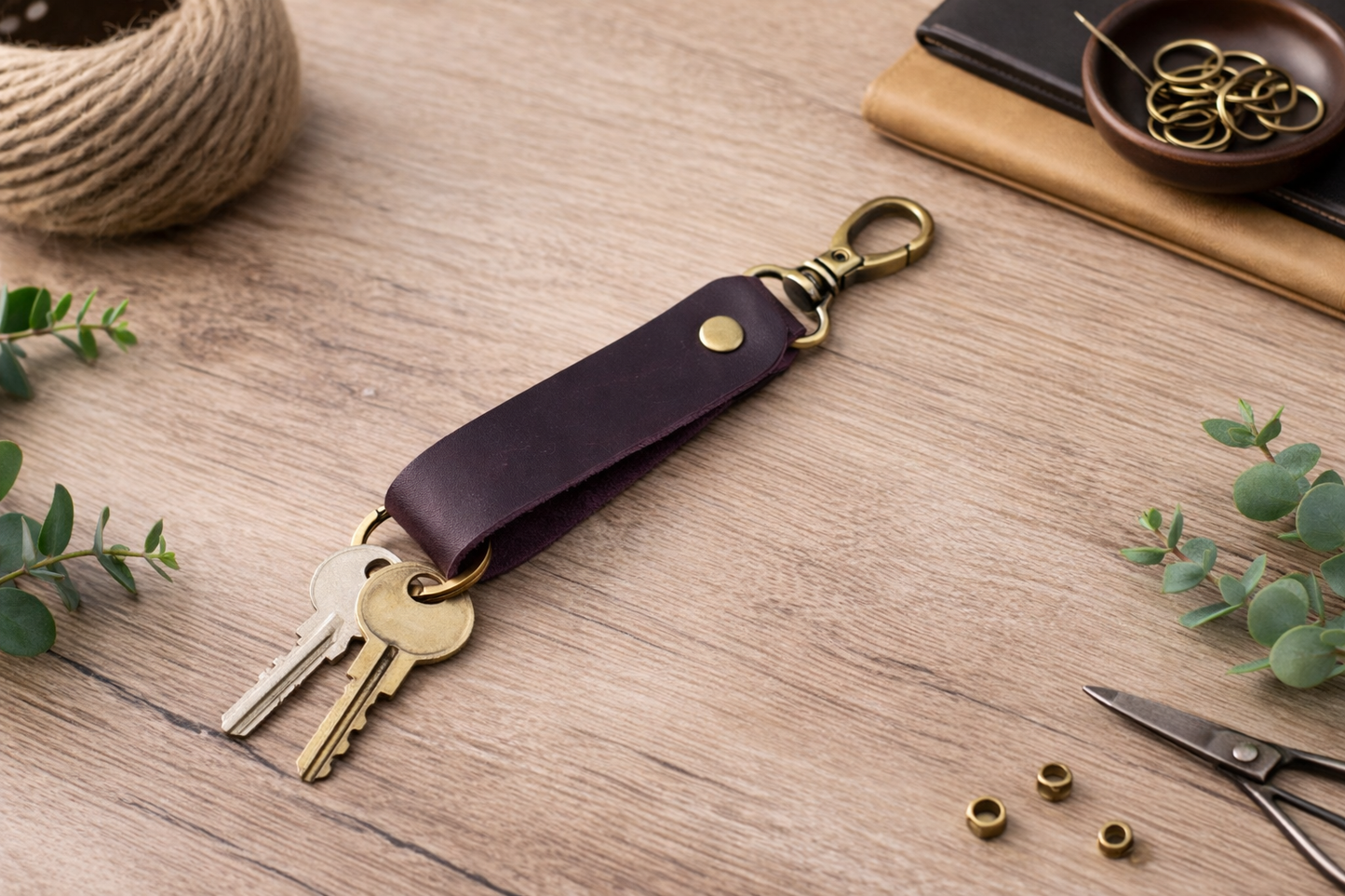 American Leather Goods - Genuine Leather Keychain, Keychain RIng, Handmade Key Tag: Light Brown