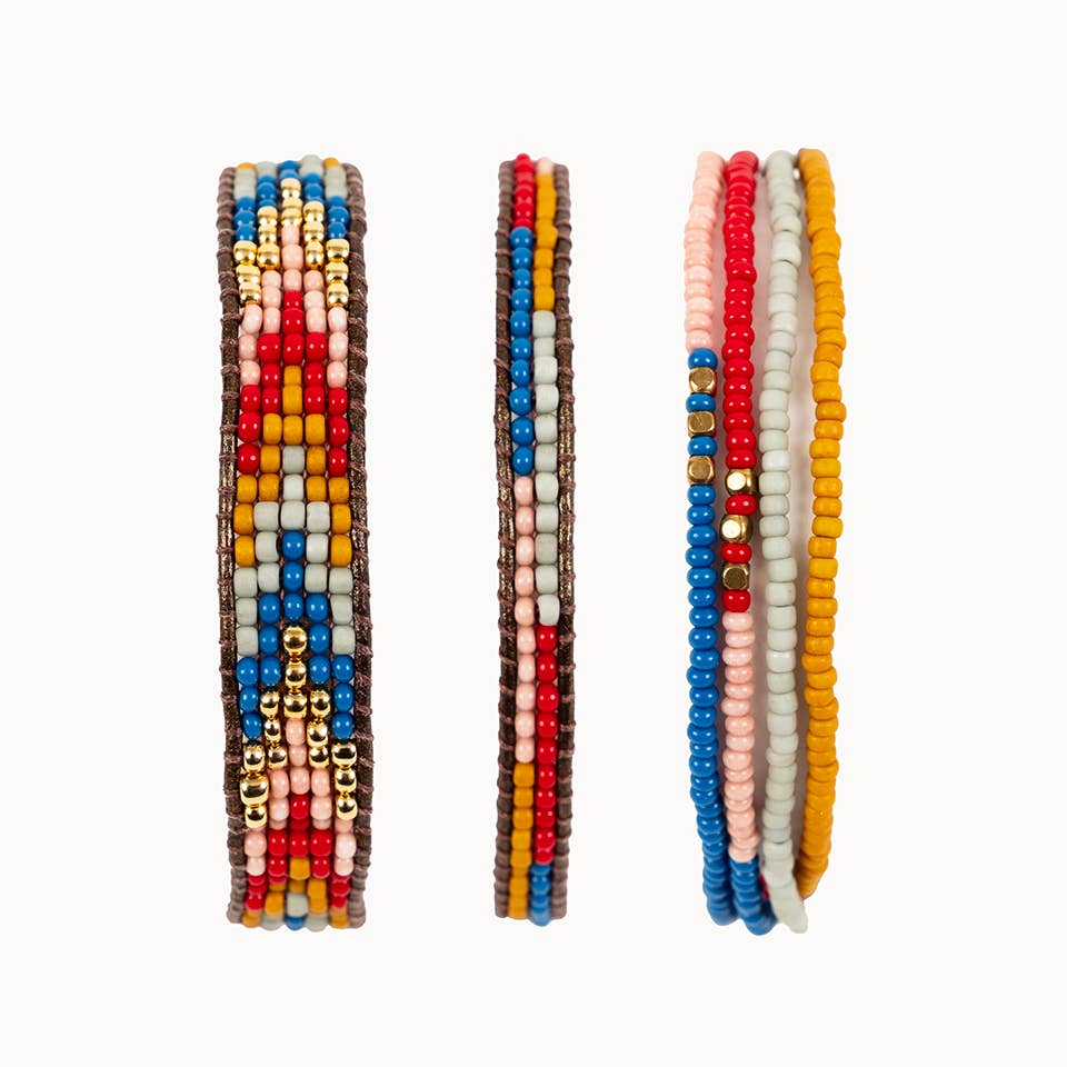 Altiplano - Layered Stripes Bead & Leather Bracelet: Retro Red
