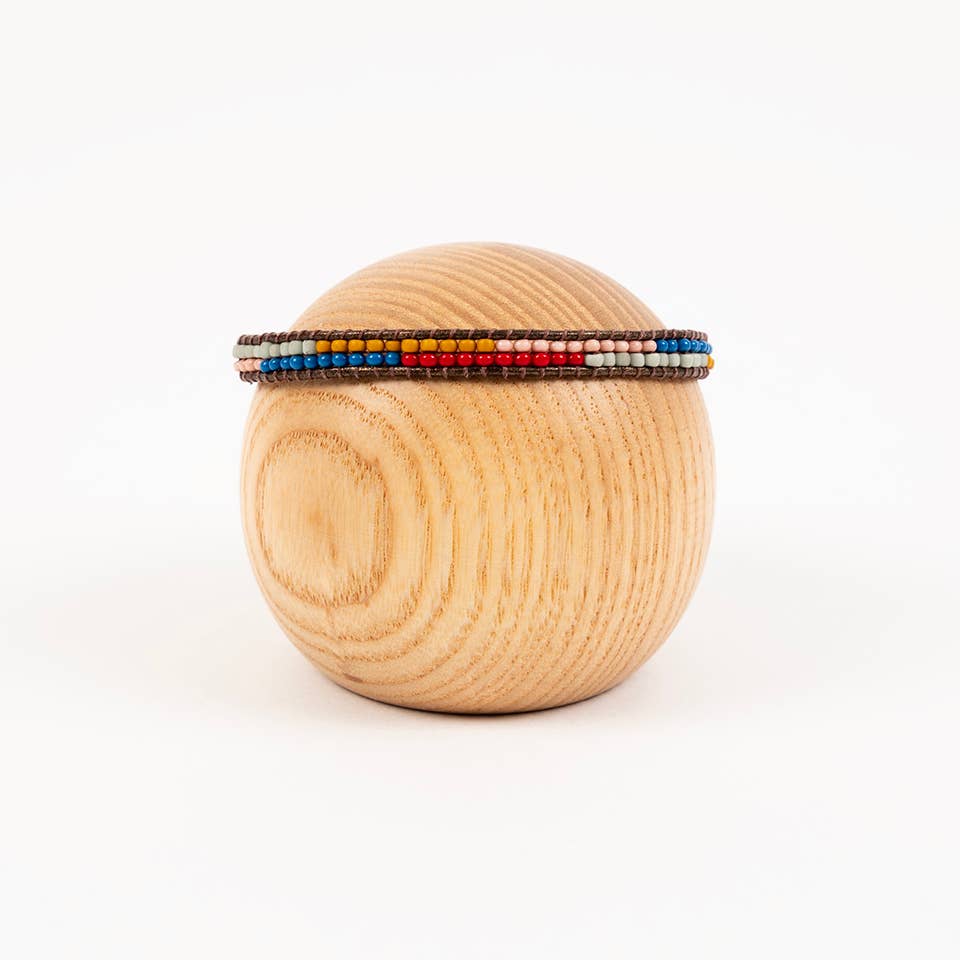Altiplano - Layered Stripes Bead & Leather Bracelet: Retro Red