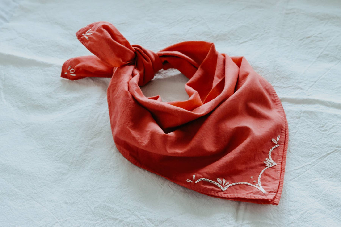 Eloise et moi - Hand embroidered RODEO cotton bandana, hand dyed : Sky/red thread