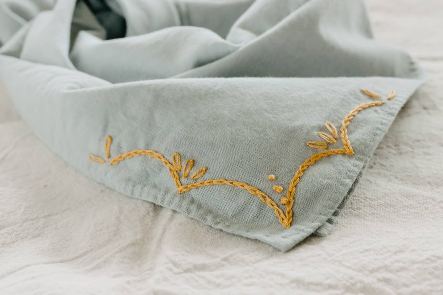 Eloise et moi - Hand embroidered RODEO cotton bandana, hand dyed : Sky/mustard thread