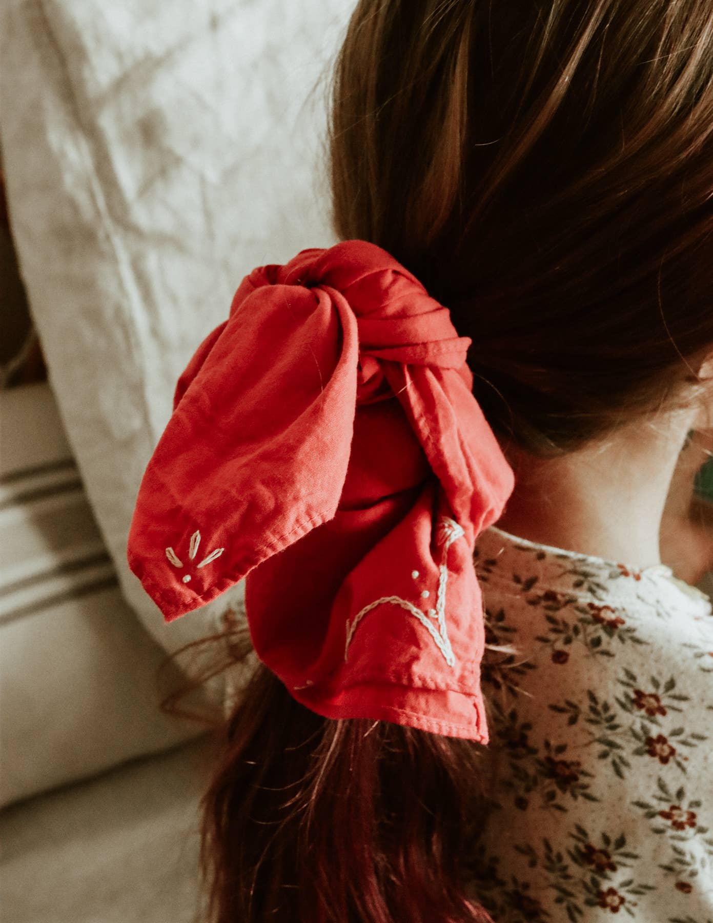 Eloise et moi - Hand embroidered RODEO cotton bandana, hand dyed : Sky/mustard thread