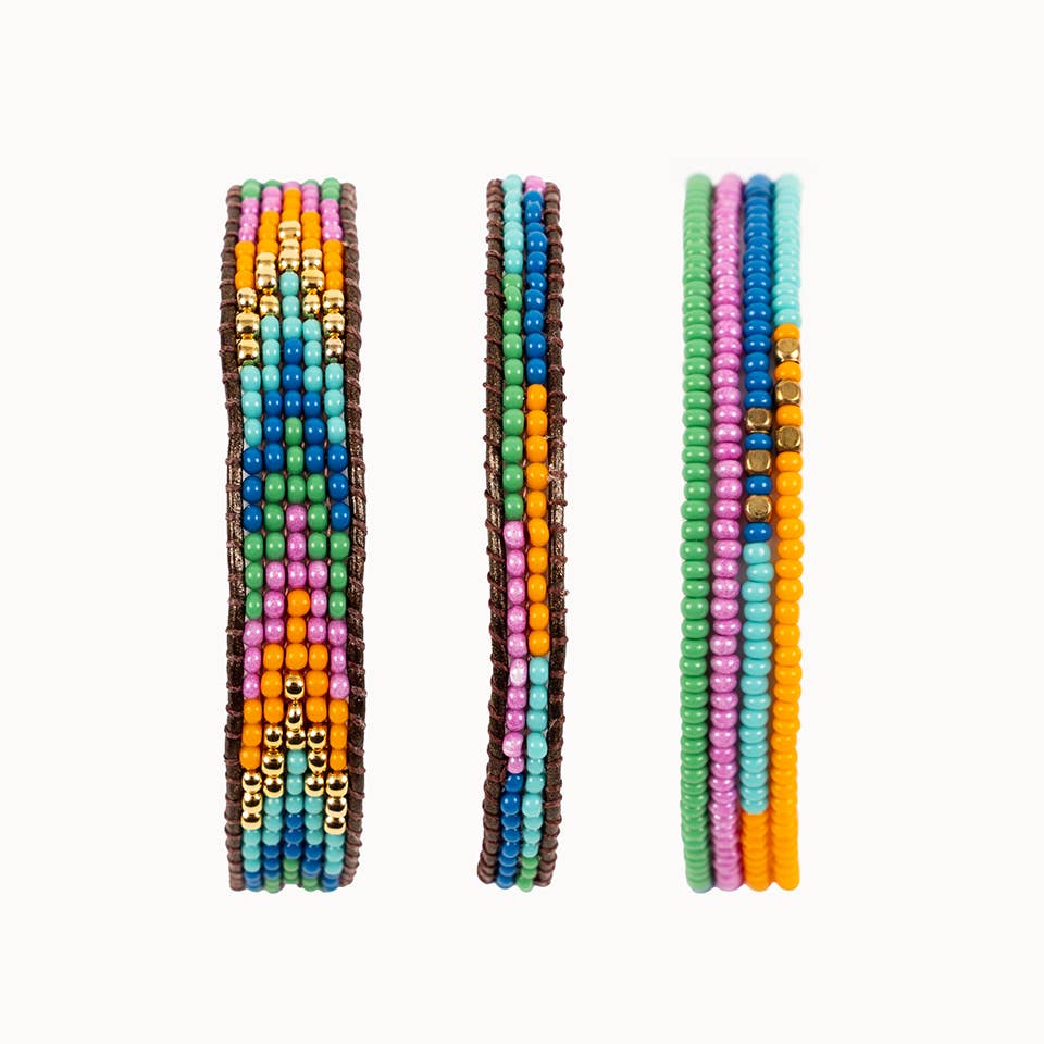 Altiplano - Layered Stripes Bead & Leather Bracelet: Deep Pop