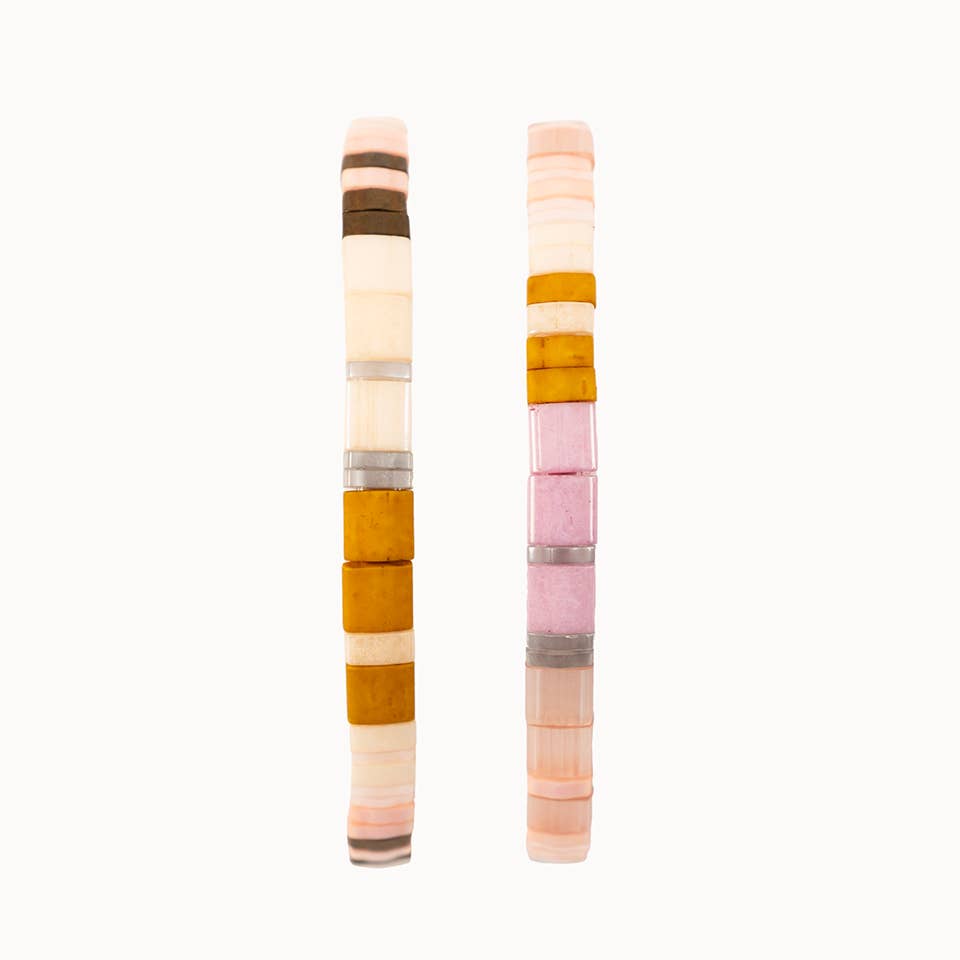 Altiplano - Handmade Tila Bead Stretch Bracelet - PAIR: Creamy