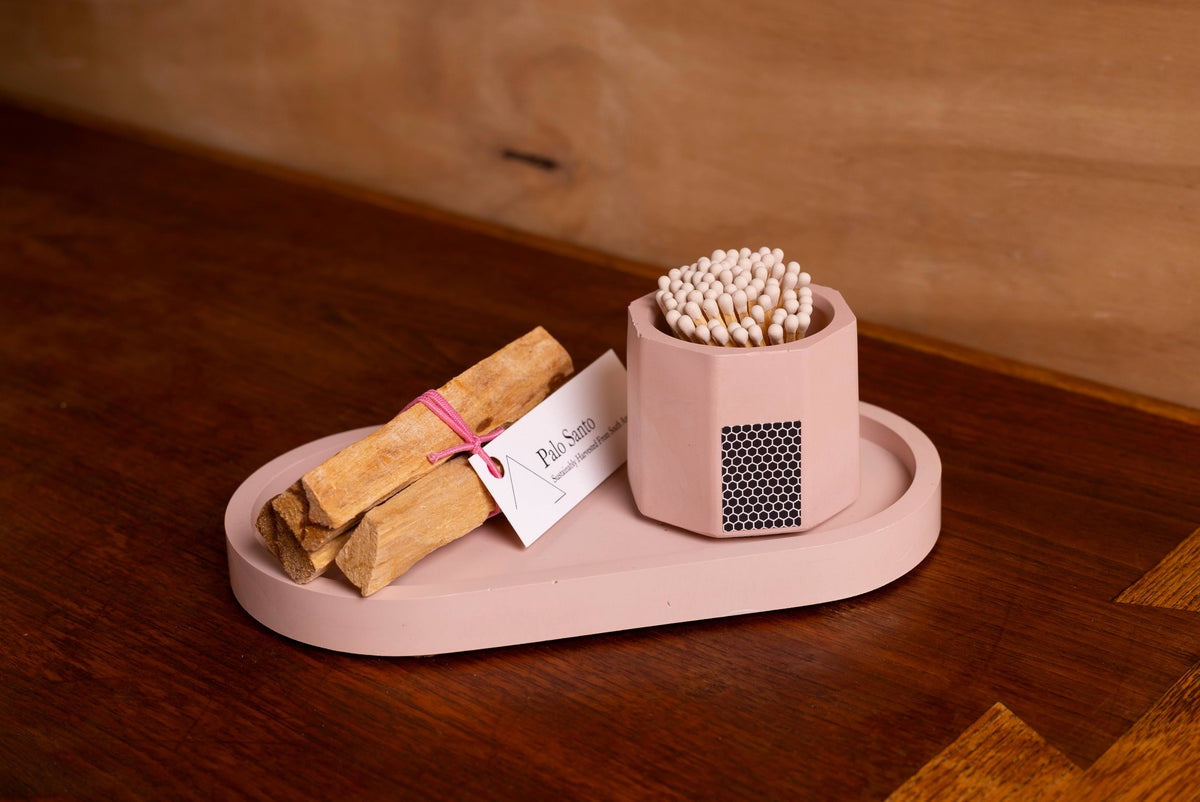 Candle Tray Gift Set – Match Holder & Palo Santo or Smudge: Palo Santo / White