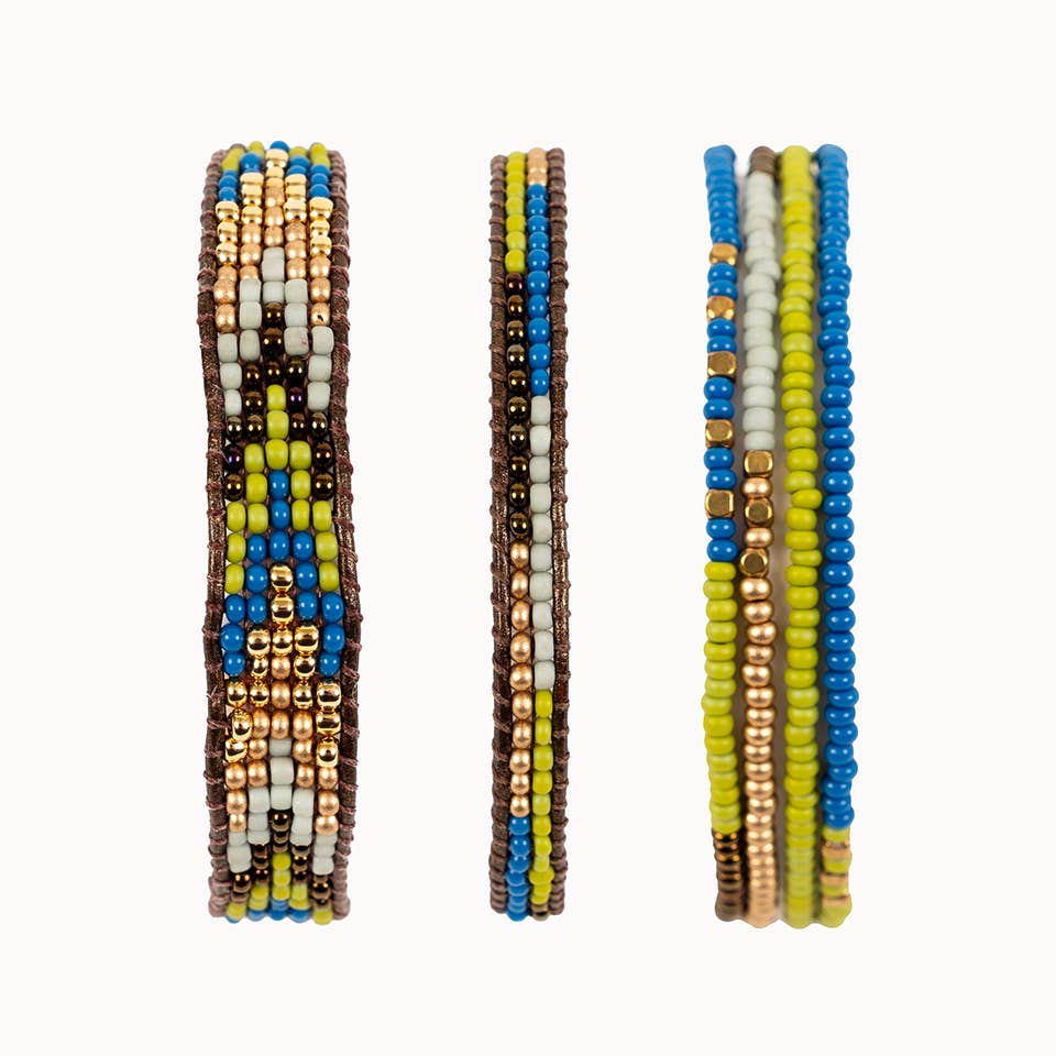Altiplano - Layered Stripes Bead & Leather Bracelet: Deep Pop
