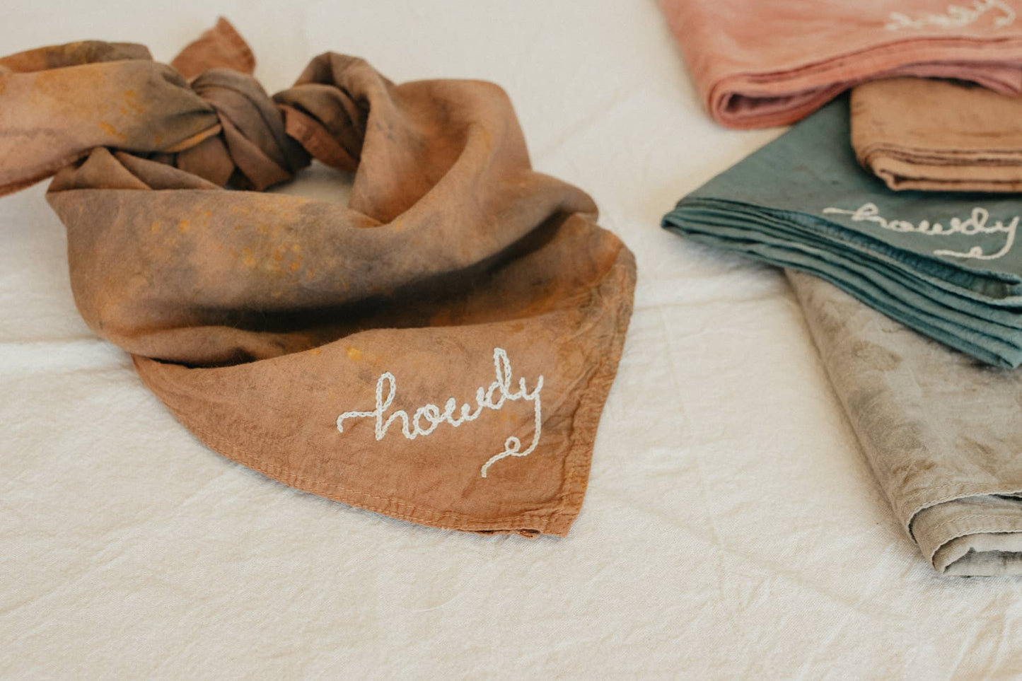 Eloise et moi - Hand embroidered Howdy organic cotton bandana- hand dyed: Strawberry red