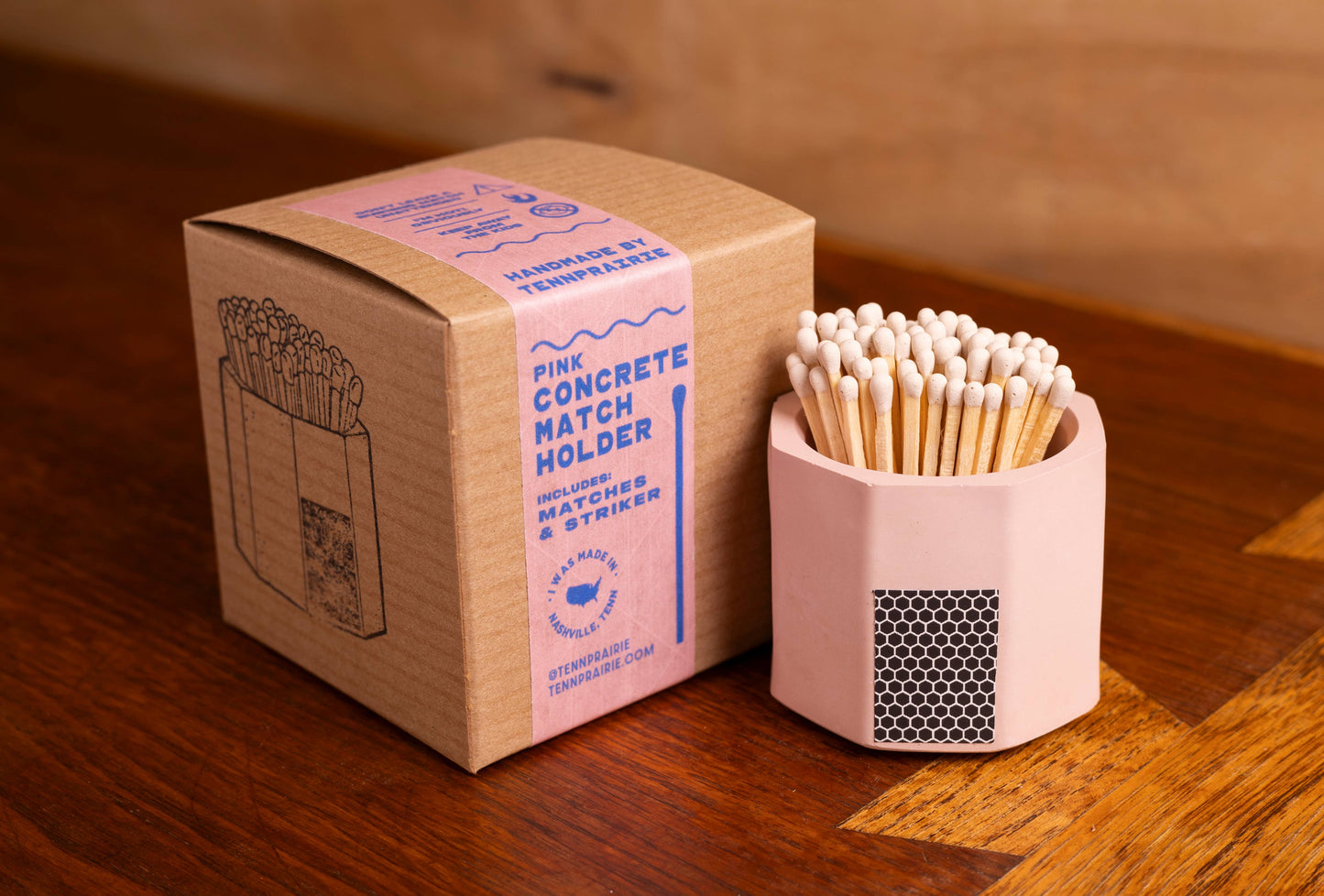 Tenn Prairie - Concrete Match Holder – Modern Design with 2-Inch Safety Matches: Brick