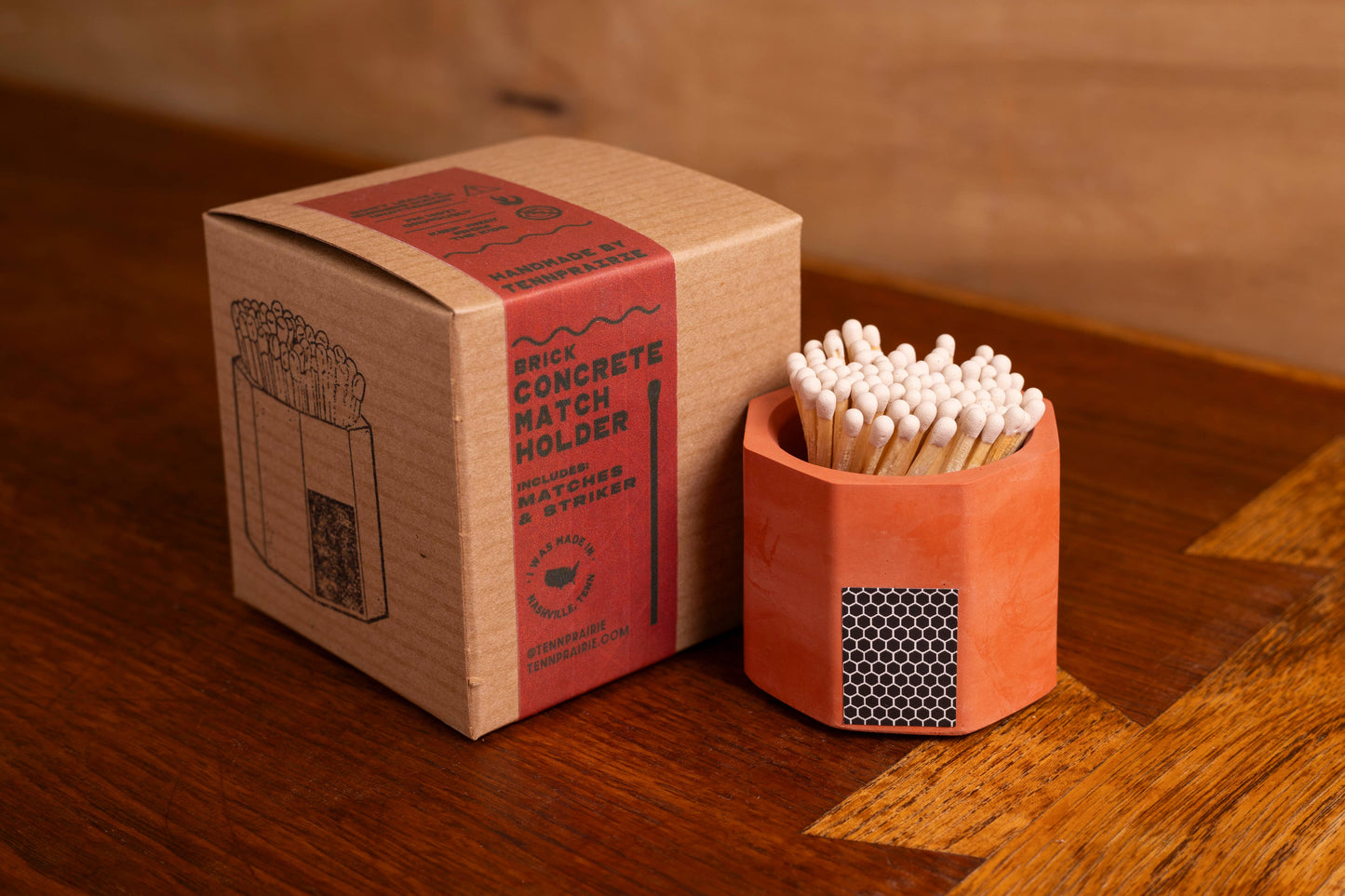 Tenn Prairie - Concrete Match Holder – Modern Design with 2-Inch Safety Matches: Brick