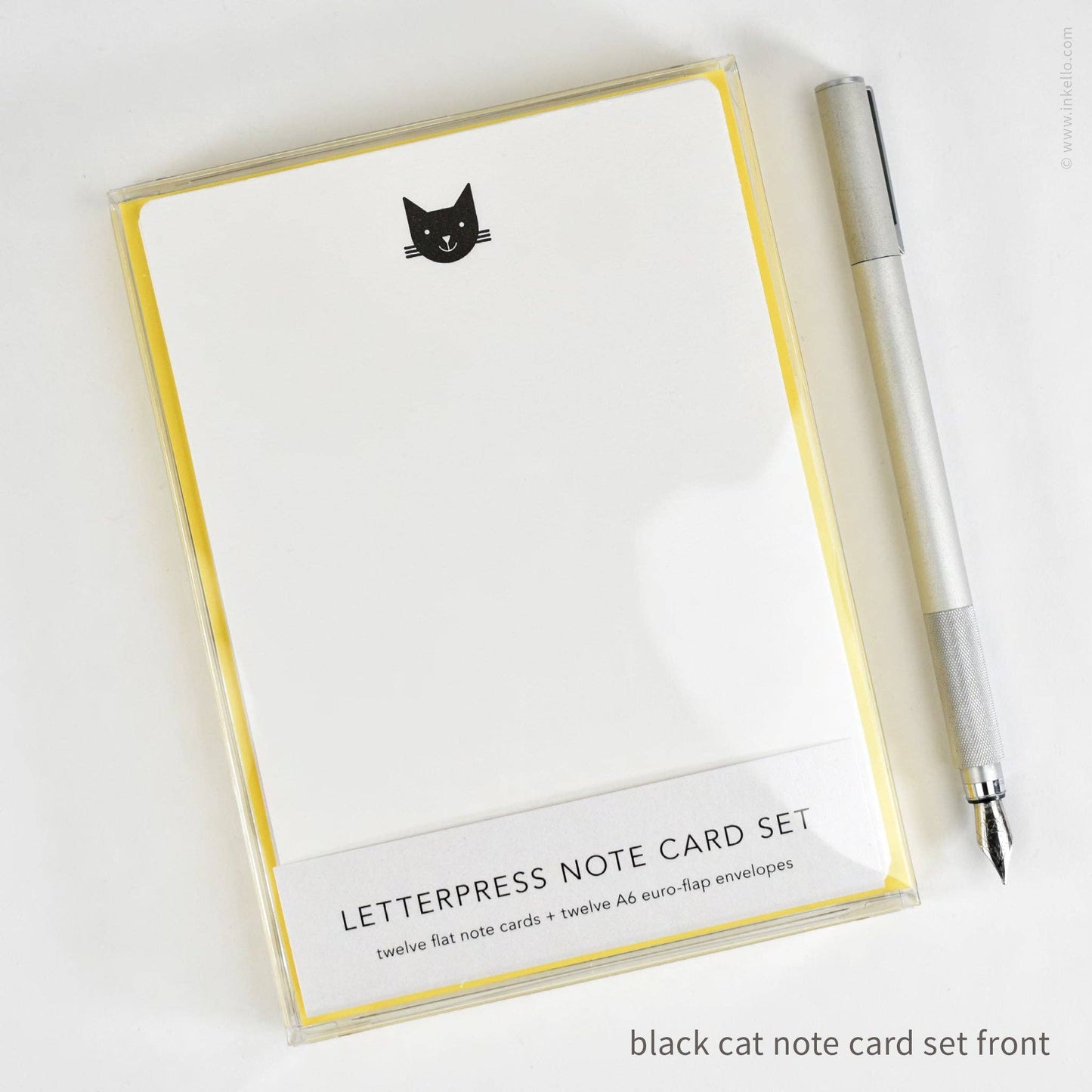 Inkello Letterpress - Flat Note Card Set with Black Cat (#502)