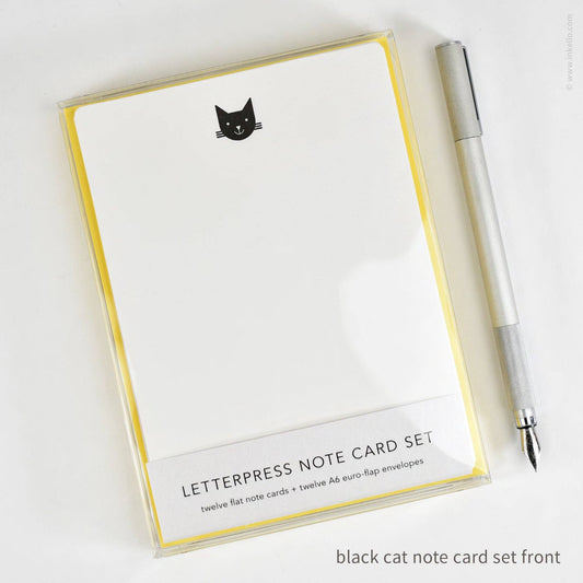 Inkello Letterpress - Flat Note Card Set with Black Cat (#502)