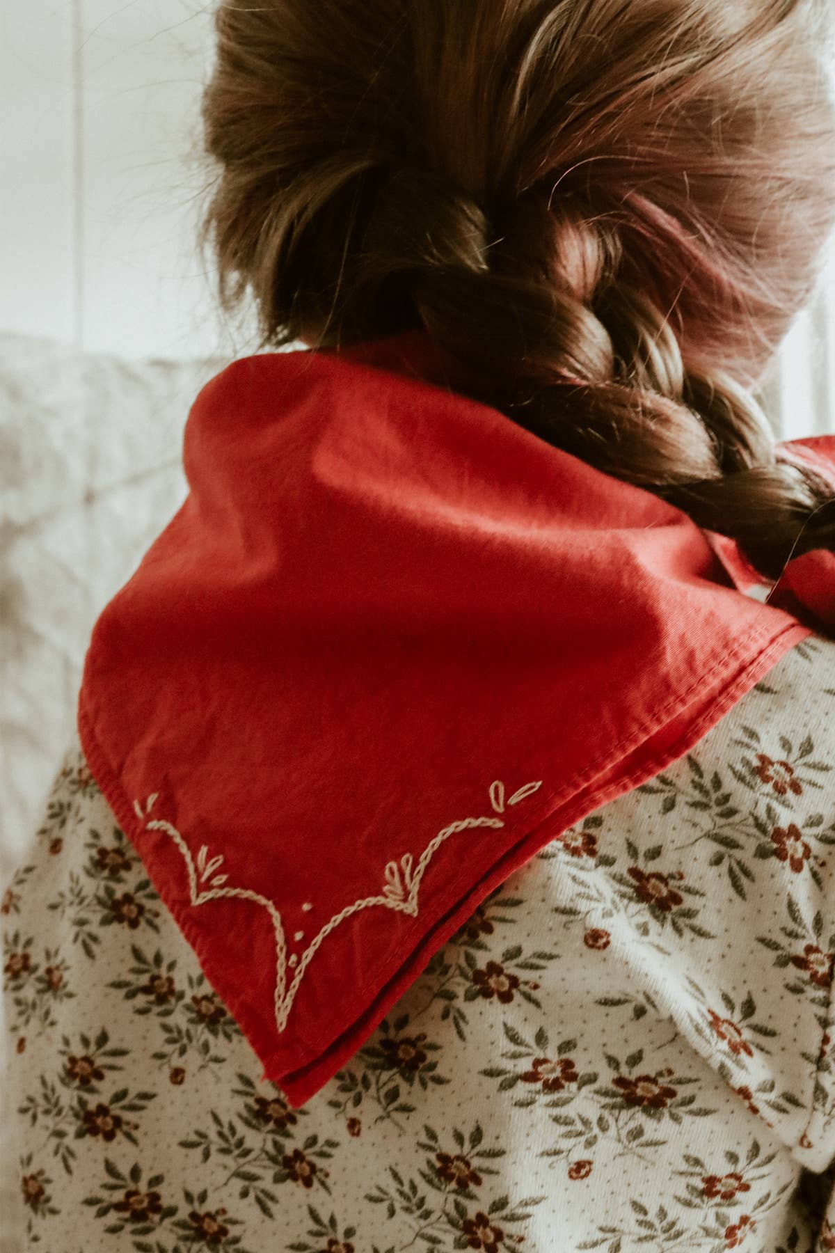 Eloise et moi - Hand embroidered RODEO cotton bandana, hand dyed : Sky/red thread