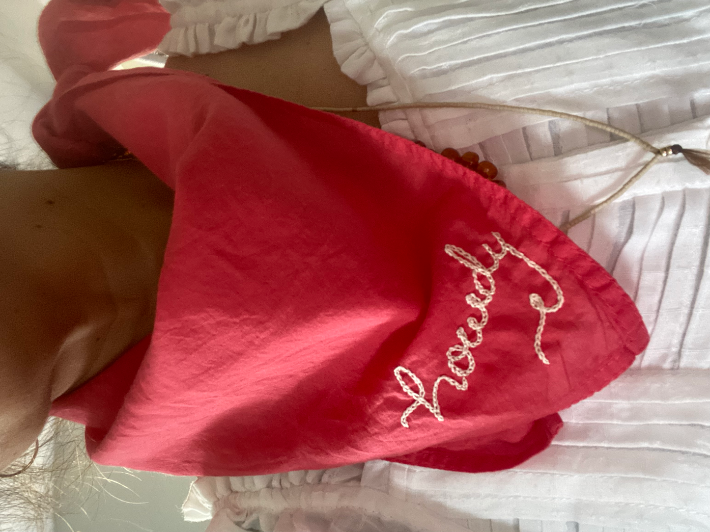 Eloise et moi - Hand embroidered Howdy organic cotton bandana- hand dyed: Strawberry red